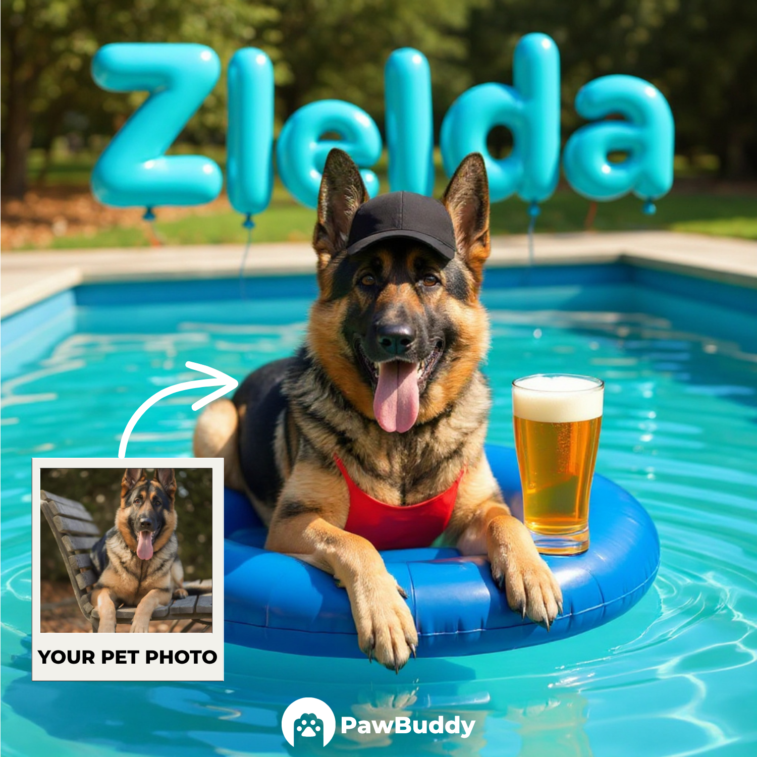 Custom Pet Portrait Ocean Blue Tropical Relax Pool Style Digital Artwork - Personalized High-Resolution Artwork for Pet Lovers, Perfect for Online Sharing or as a Unique Summer-Themed Keepsake