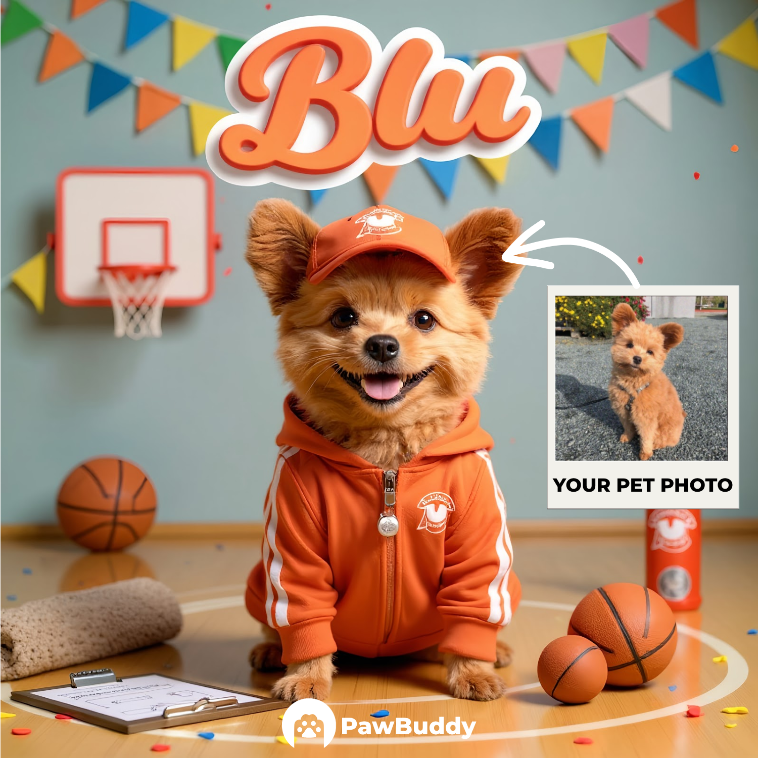 Custom Pet Portrait Coach on Court Basketball Style Digital Artwork - Personalized High-Resolution Artwork for Pet Lovers, Perfect for Online Sharing or as a Unique Sports-Themed Keepsake