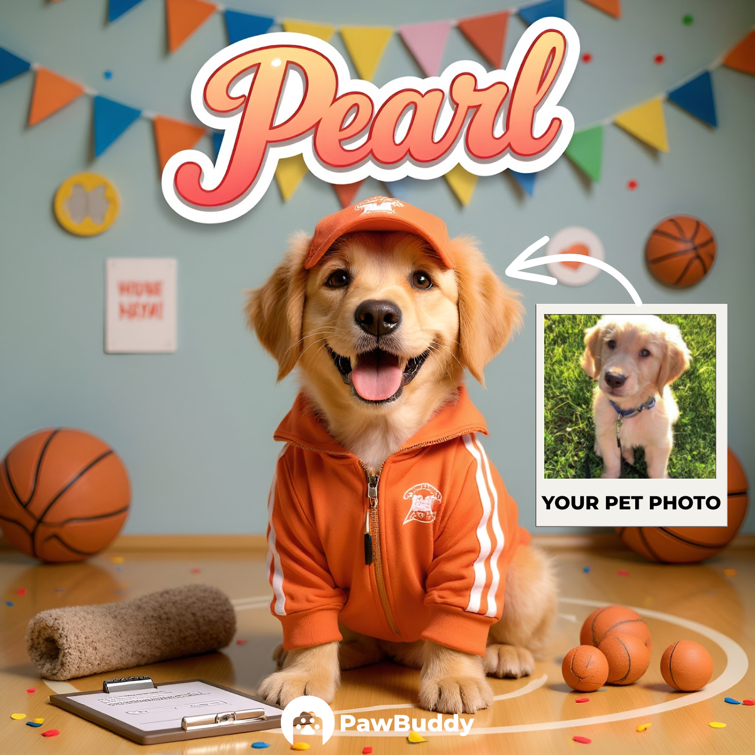 Custom Pet Portrait Coach on Court Basketball Style Digital Artwork - Personalized High-Resolution Artwork for Pet Lovers, Perfect for Online Sharing or as a Unique Sports-Themed Keepsake