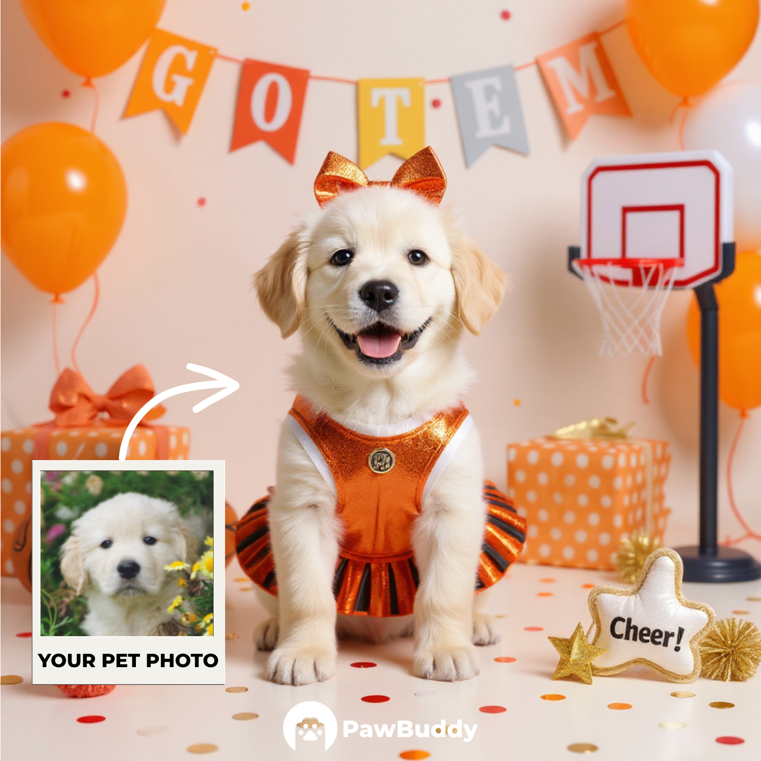 Custom Pet Portrait Cheerleader Spirit Basketball Style Digital Artwork - Personalized High-Resolution Artwork for Pet Lovers, Perfect for Online Sharing or as a Unique Sports-Themed Keepsake
