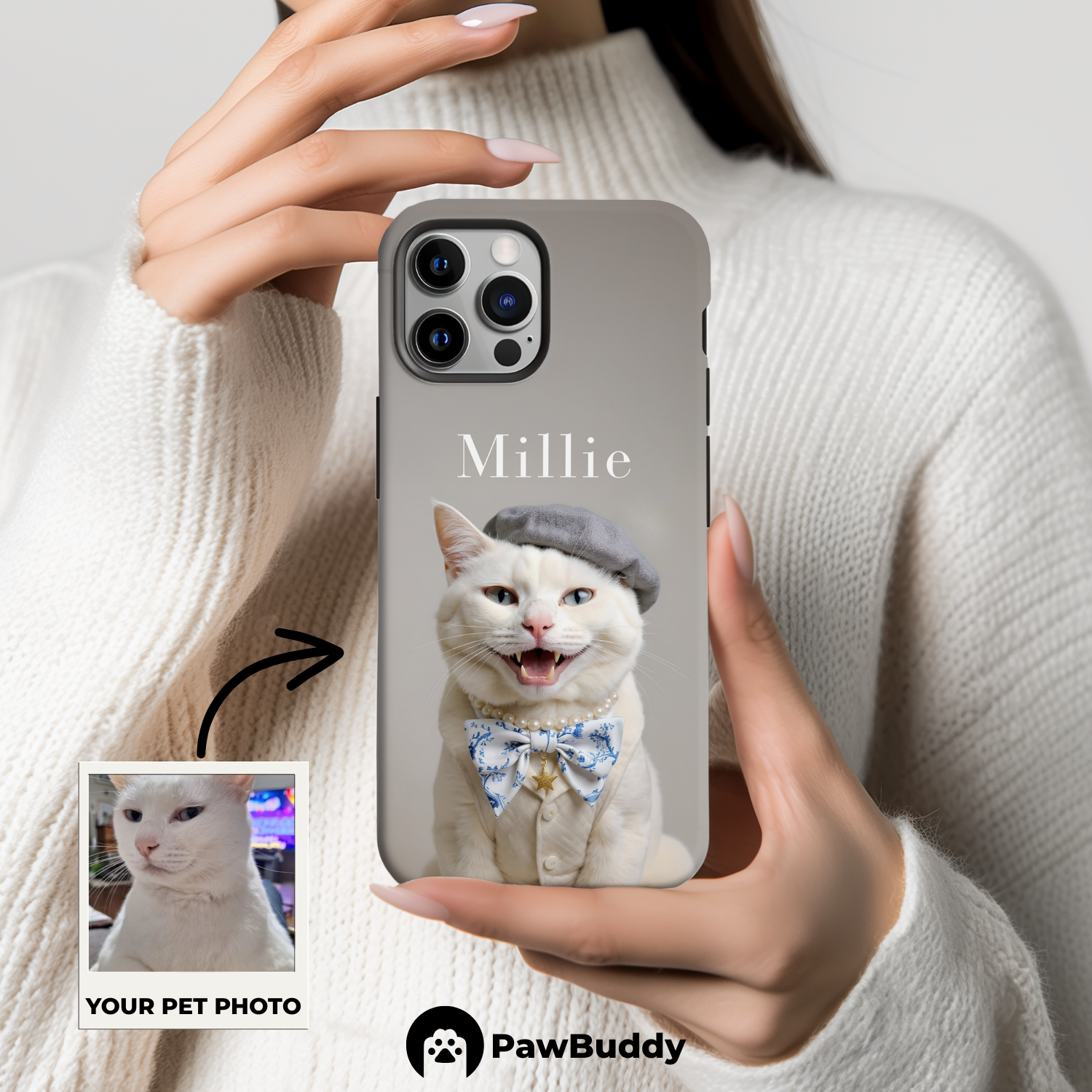 Custom Pet Phone Case for iPhone 11–17, Personalized Elegant Studio Portrait Beige Suit and Bow Tie Design, Dual-Layer Shockproof PC+TPU Protective Cover with Glossy Wraparound Printing, Unique Gift for Pet Lovers