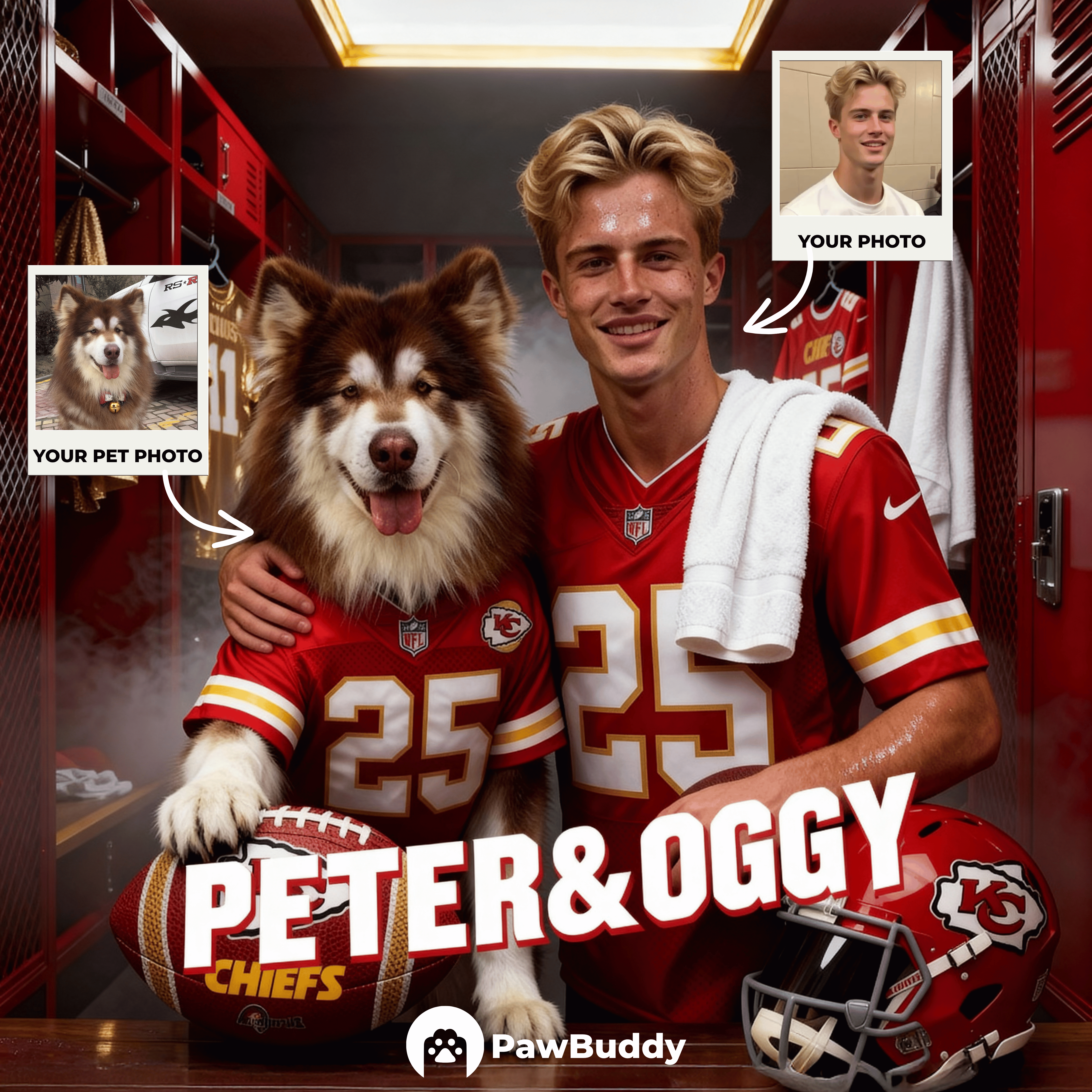Custom Human & Pet Portrait Sports Locker Room Digital Artwork - Personalized High Resolution Artwork for Pet Lovers, Perfect for Online Sharing or as a Unique Game Day Keepsake