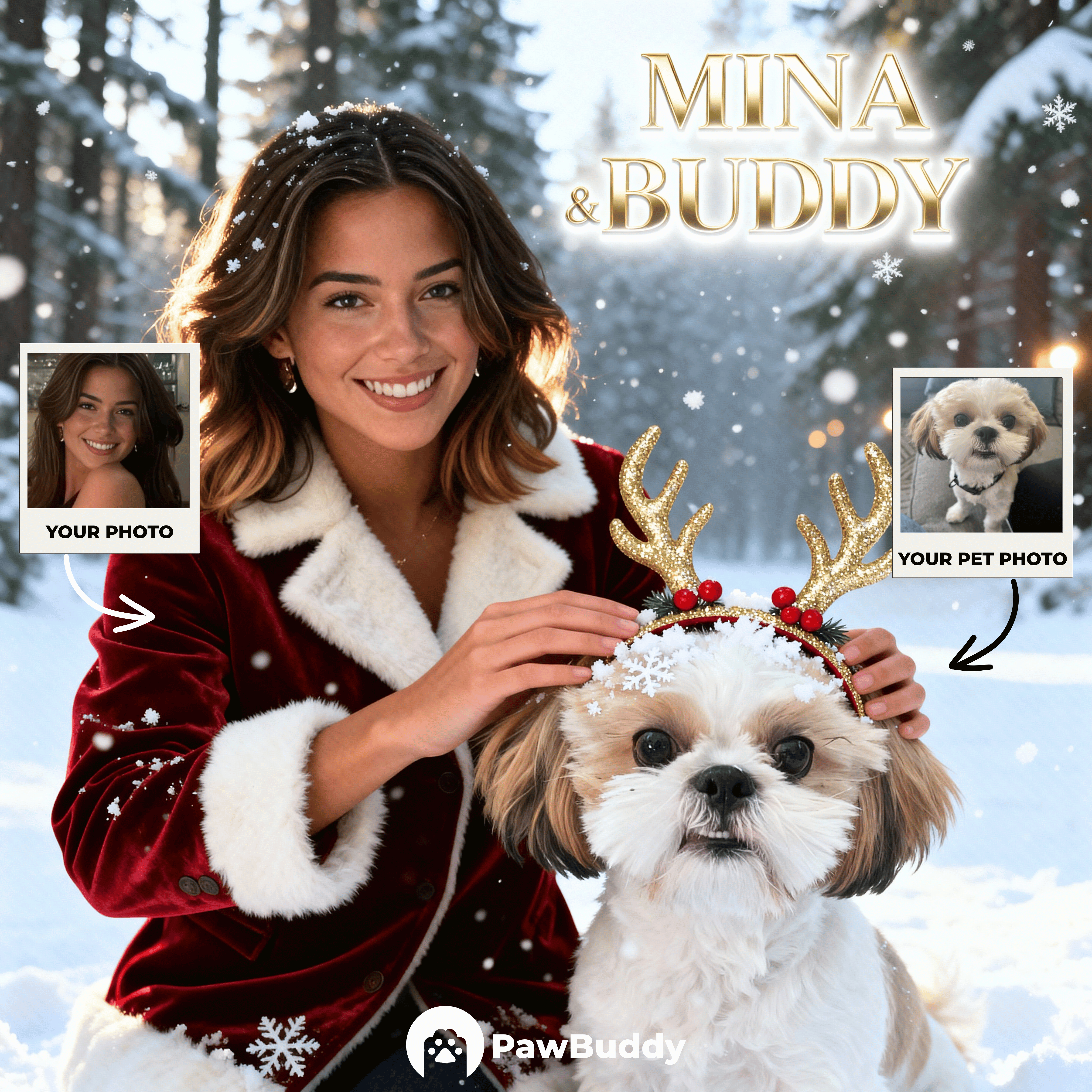 Custom Human & Pet Portrait Snowy Holiday Magic Digital Artwork - Personalized High-Resolution Artwork for Pet Lovers, Perfect for Online Sharing or as a Unique Holiday Keepsake