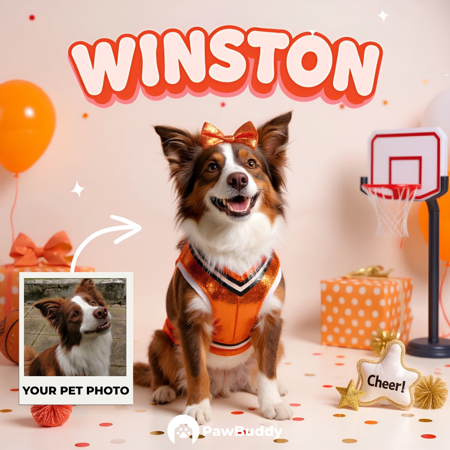 Custom Pet Portrait Cheerleader Spirit Basketball Style Digital Artwork - Personalized High-Resolution Artwork for Pet Lovers, Perfect for Online Sharing or as a Unique Sports-Themed Keepsake