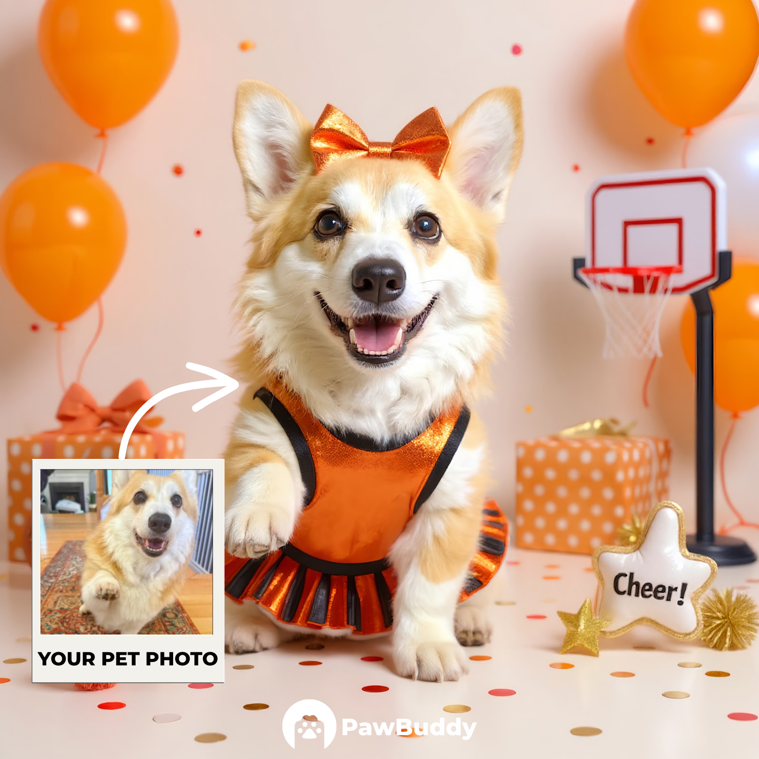 Custom Pet Portrait Cheerleader Spirit Basketball Style Digital Artwork - Personalized High-Resolution Artwork for Pet Lovers, Perfect for Online Sharing or as a Unique Sports-Themed Keepsake