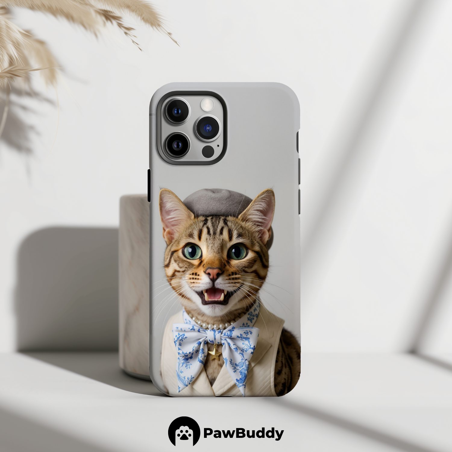 Custom Pet Phone Case for iPhone 11–17, Personalized Elegant Studio Portrait Beige Suit and Bow Tie Design, Dual-Layer Shockproof PC+TPU Protective Cover with Glossy Wraparound Printing, Unique Gift for Pet Lovers