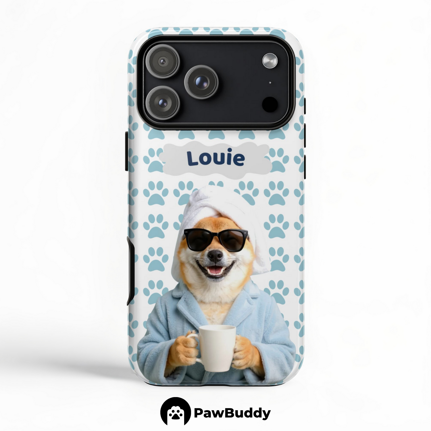 Custom Pet Phone Case for iPhone 11–17, Personalized Cozy Spa Day Blue Paw Pattern Blue Robe Design, Dual-Layer Shockproof PC+TPU Protective Cover with Glossy Wraparound Printing, Unique Gift for Pet Lovers