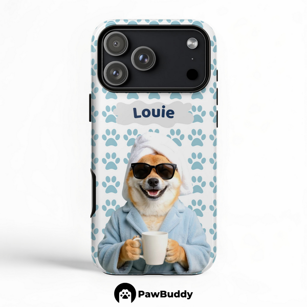 Custom Pet Phone Case for iPhone 11–17, Personalized Cozy Spa Day Blue Paw Pattern Blue Robe Design, Dual-Layer Shockproof PC+TPU Protective Cover with Glossy Wraparound Printing, Unique Gift for Pet Lovers