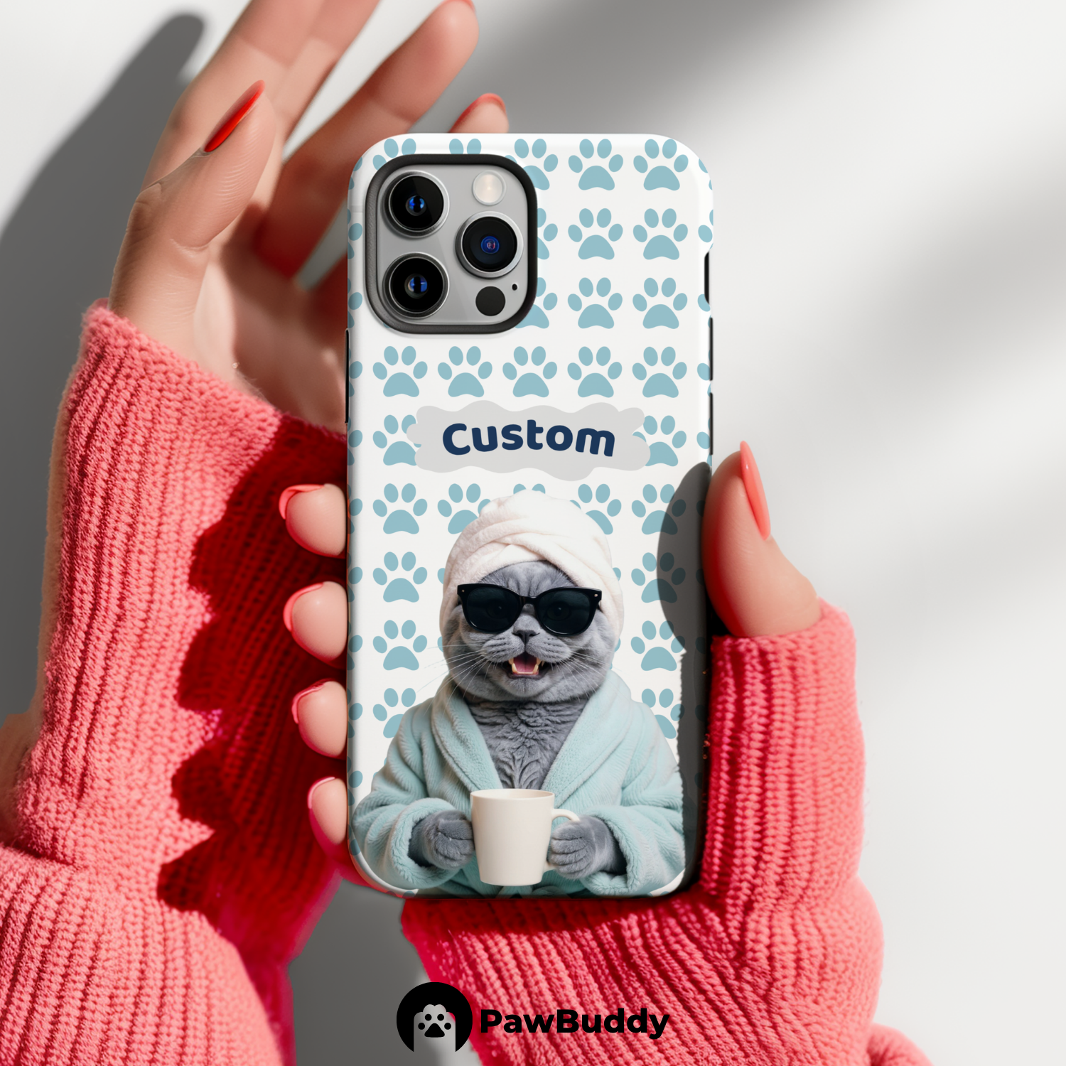 Custom Pet Phone Case for iPhone 11–17, Personalized Cozy Spa Day Blue Paw Pattern Blue Robe Design, Dual-Layer Shockproof PC+TPU Protective Cover with Glossy Wraparound Printing, Unique Gift for Pet Lovers