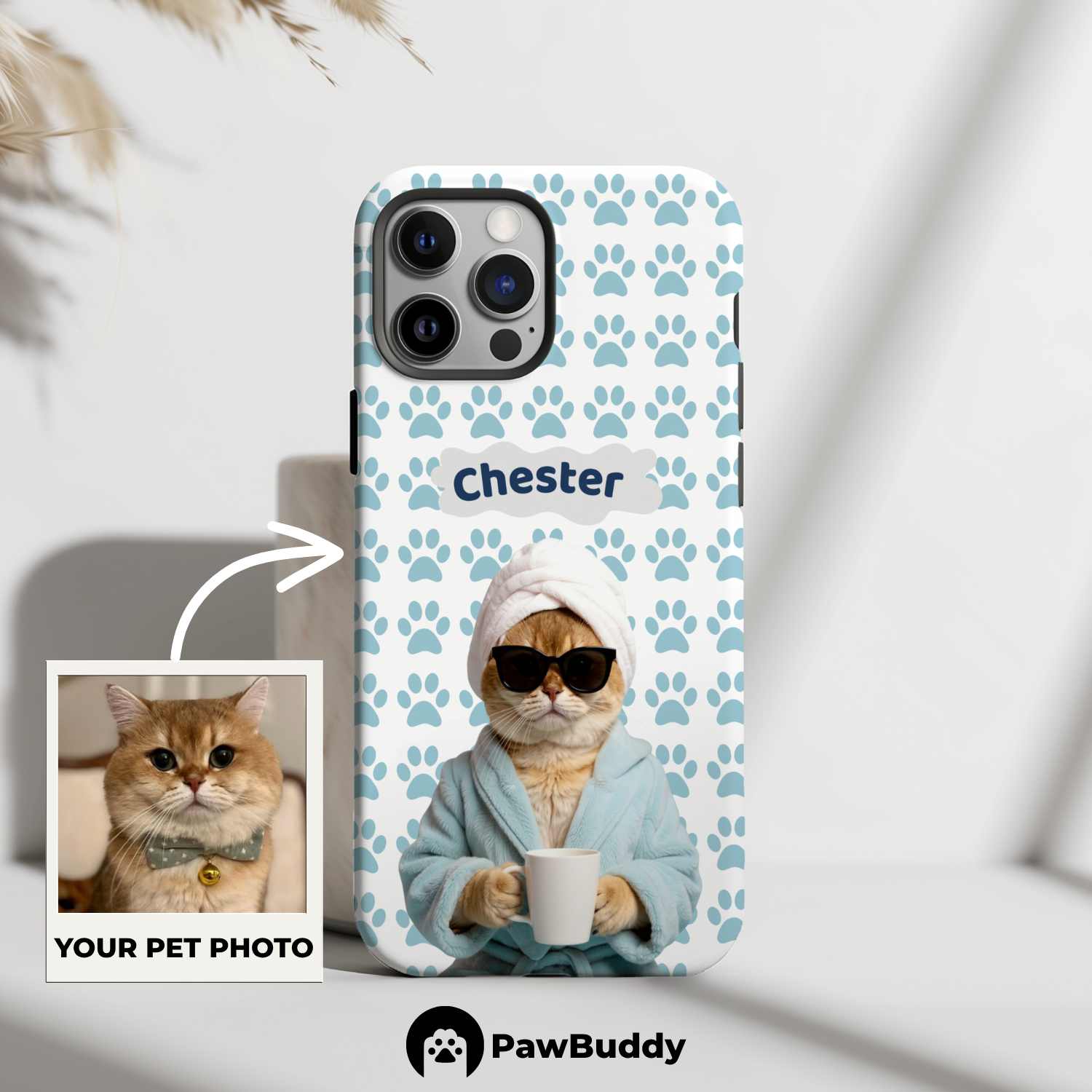 Custom Pet Phone Case for iPhone 11–17, Personalized Cozy Spa Day Blue Paw Pattern Blue Robe Design, Dual-Layer Shockproof PC+TPU Protective Cover with Glossy Wraparound Printing, Unique Gift for Pet Lovers