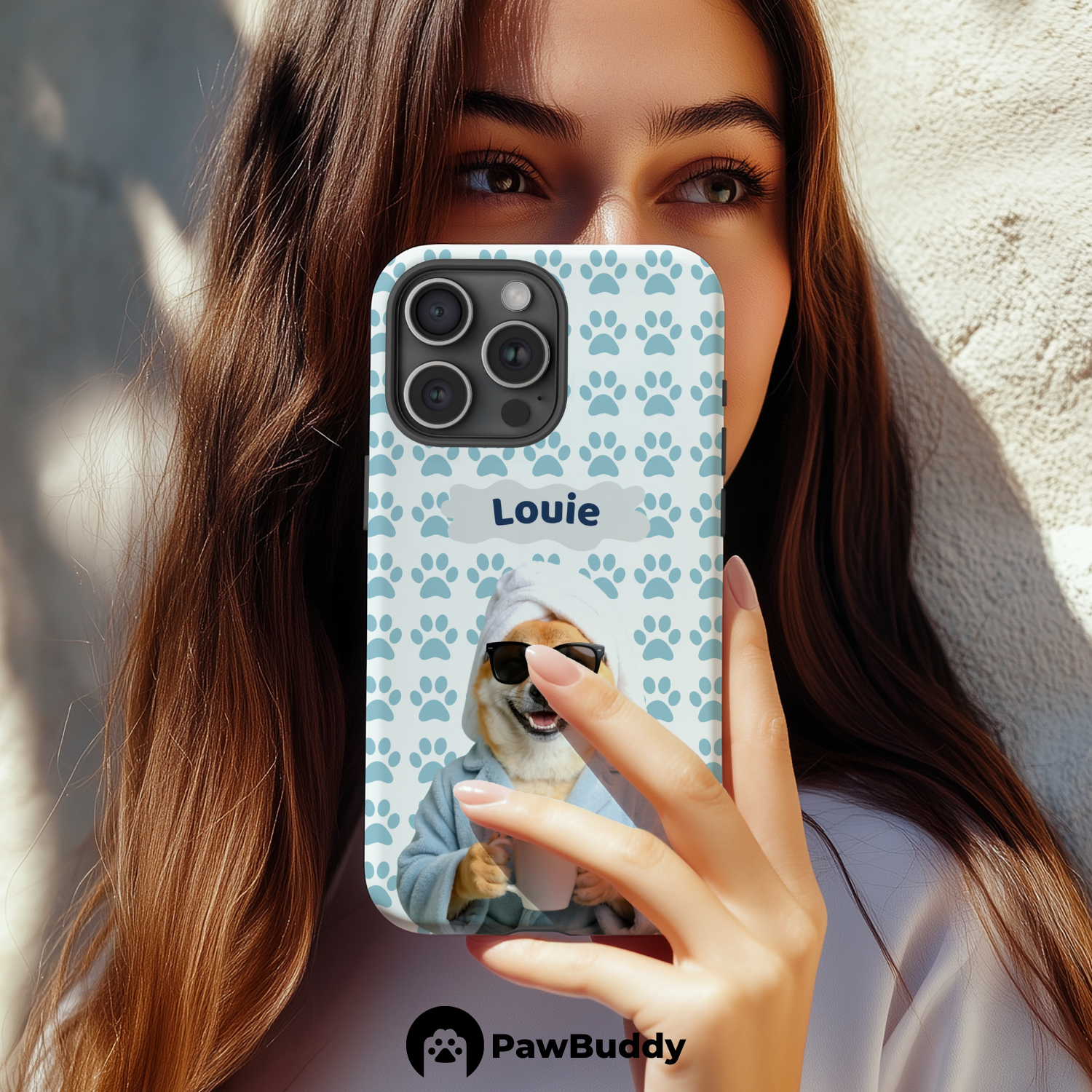 Custom Pet Phone Case for iPhone 11–17, Personalized Cozy Spa Day Blue Paw Pattern Blue Robe Design, Dual-Layer Shockproof PC+TPU Protective Cover with Glossy Wraparound Printing, Unique Gift for Pet Lovers