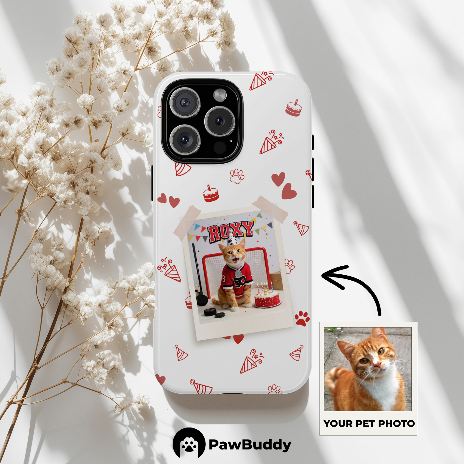 Custom Pet Phone Case for iPhone 11–17, Personalized Birthday Celebration Hockey Red Pattern Polaroid Frame Design, Dual-Layer Shockproof PC+TPU Protective Cover with Glossy Wraparound Printing, Unique Gift for Pet Lovers