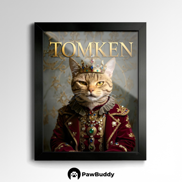 Custom Pet Poster Regal Royal Portrait in Deep Red Velvet Robe with Golden Embroidery and Multicolor Gemstone Crown – Personalized High-Resolution Matte Print for Wall Art, Home Decor, or Unique Gifts for Pet Lovers