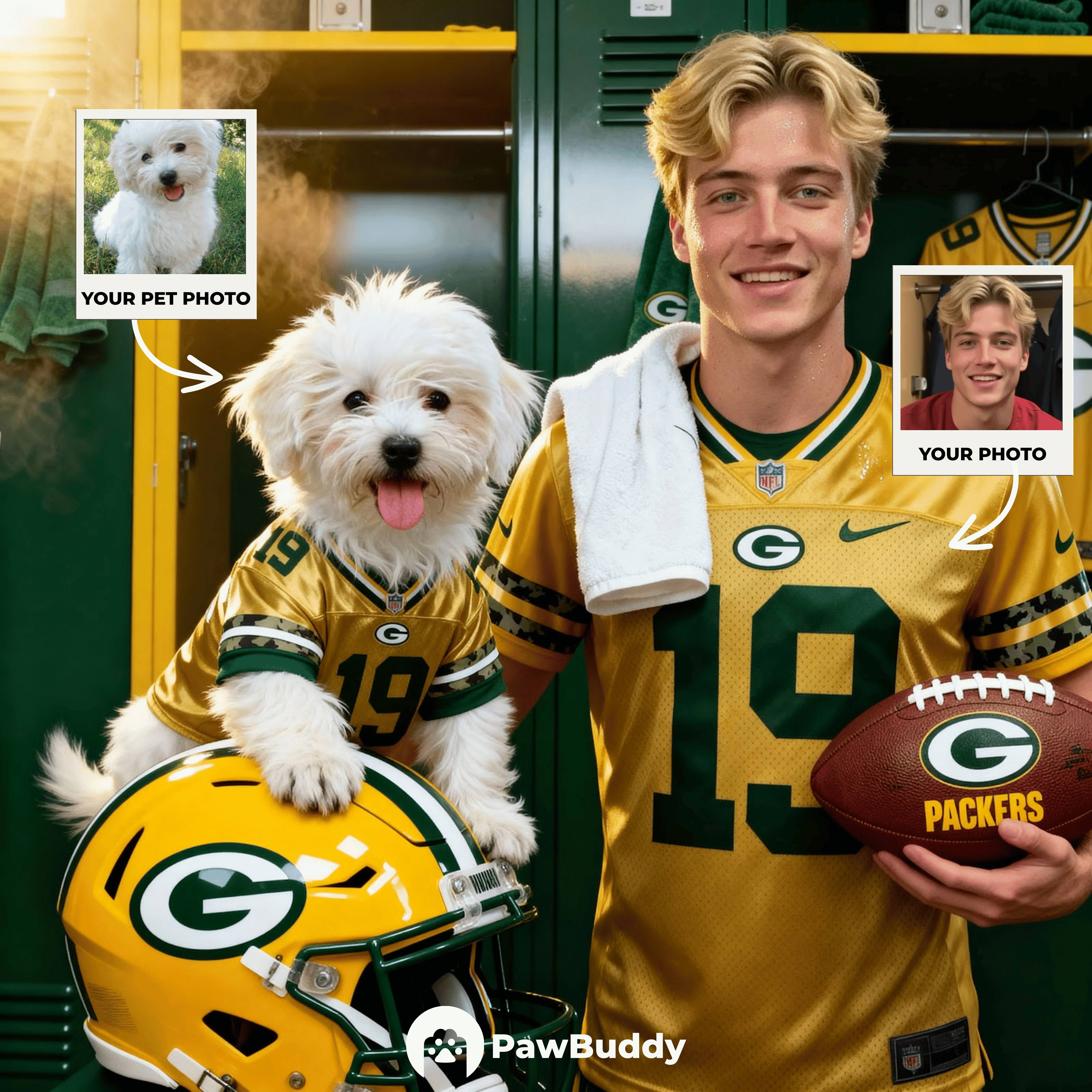 Custom Human & Pet Portrait Sports Locker Room Digital Artwork - Personalized High Resolution Artwork for Pet Lovers, Perfect for Online Sharing or as a Unique Game Day Keepsake