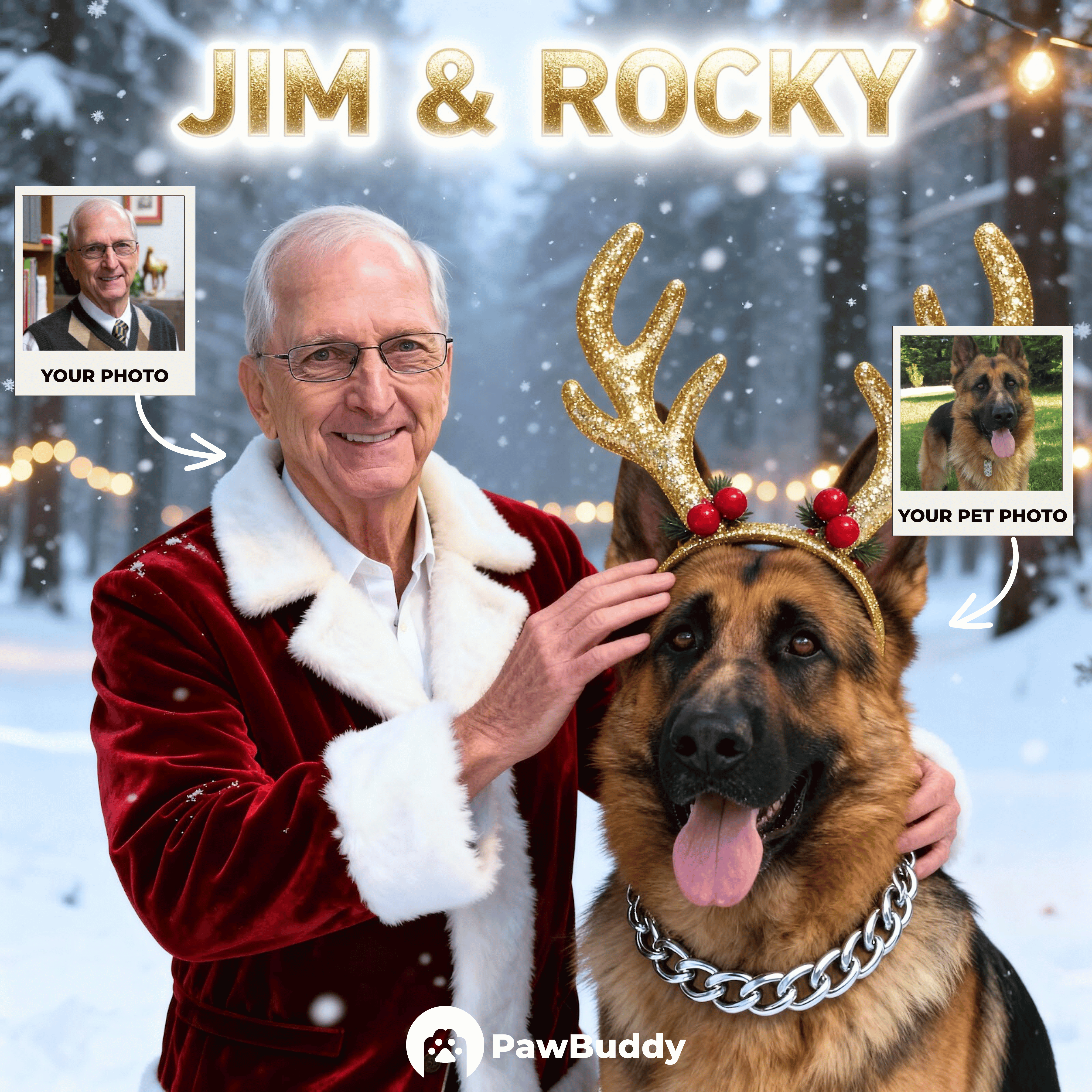 Custom Human & Pet Portrait Snowy Holiday Magic Digital Artwork - Personalized High-Resolution Artwork for Pet Lovers, Perfect for Online Sharing or as a Unique Holiday Keepsake