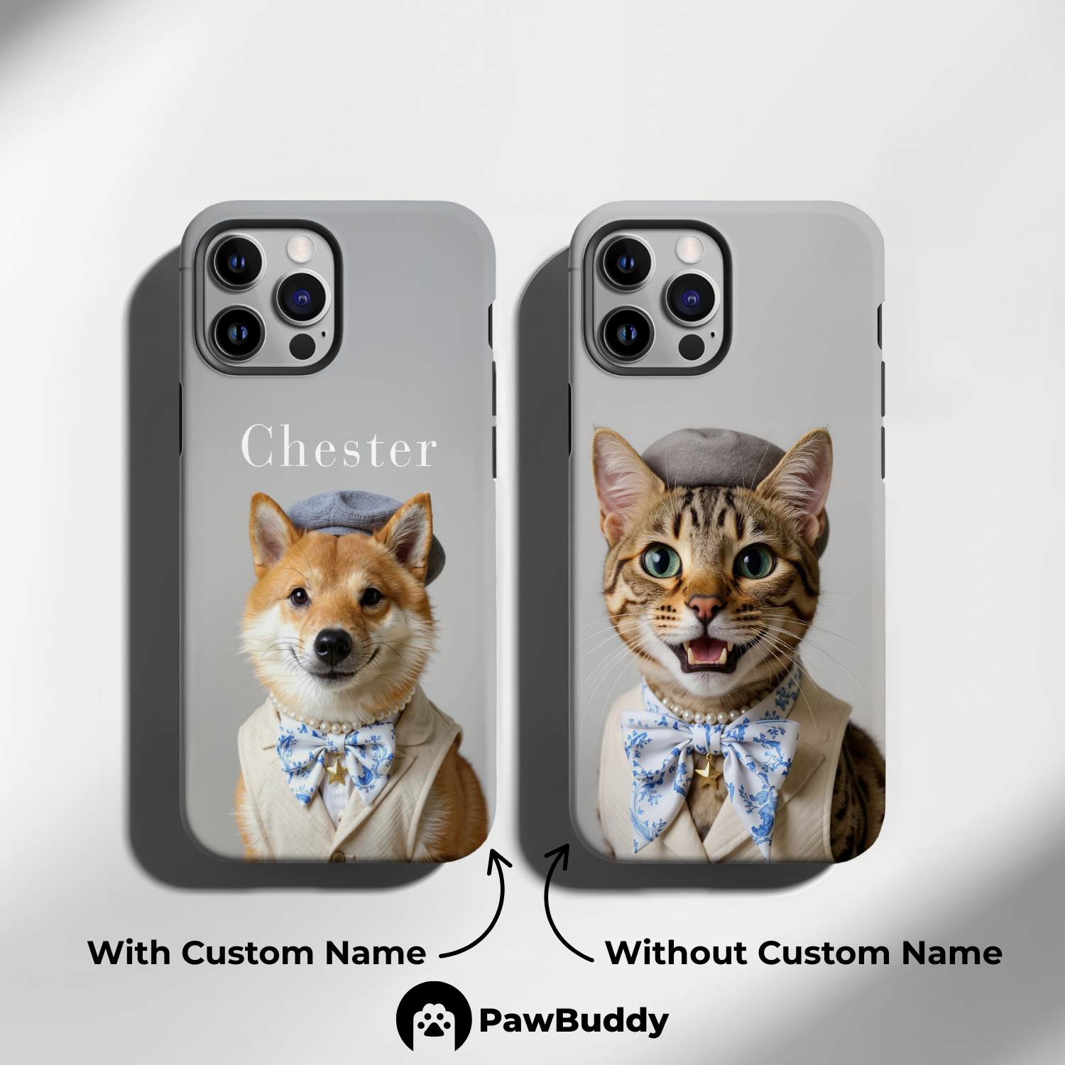 Custom Pet Phone Case for iPhone 11–17, Personalized Elegant Studio Portrait Beige Suit and Bow Tie Design, Dual-Layer Shockproof PC+TPU Protective Cover with Glossy Wraparound Printing, Unique Gift for Pet Lovers