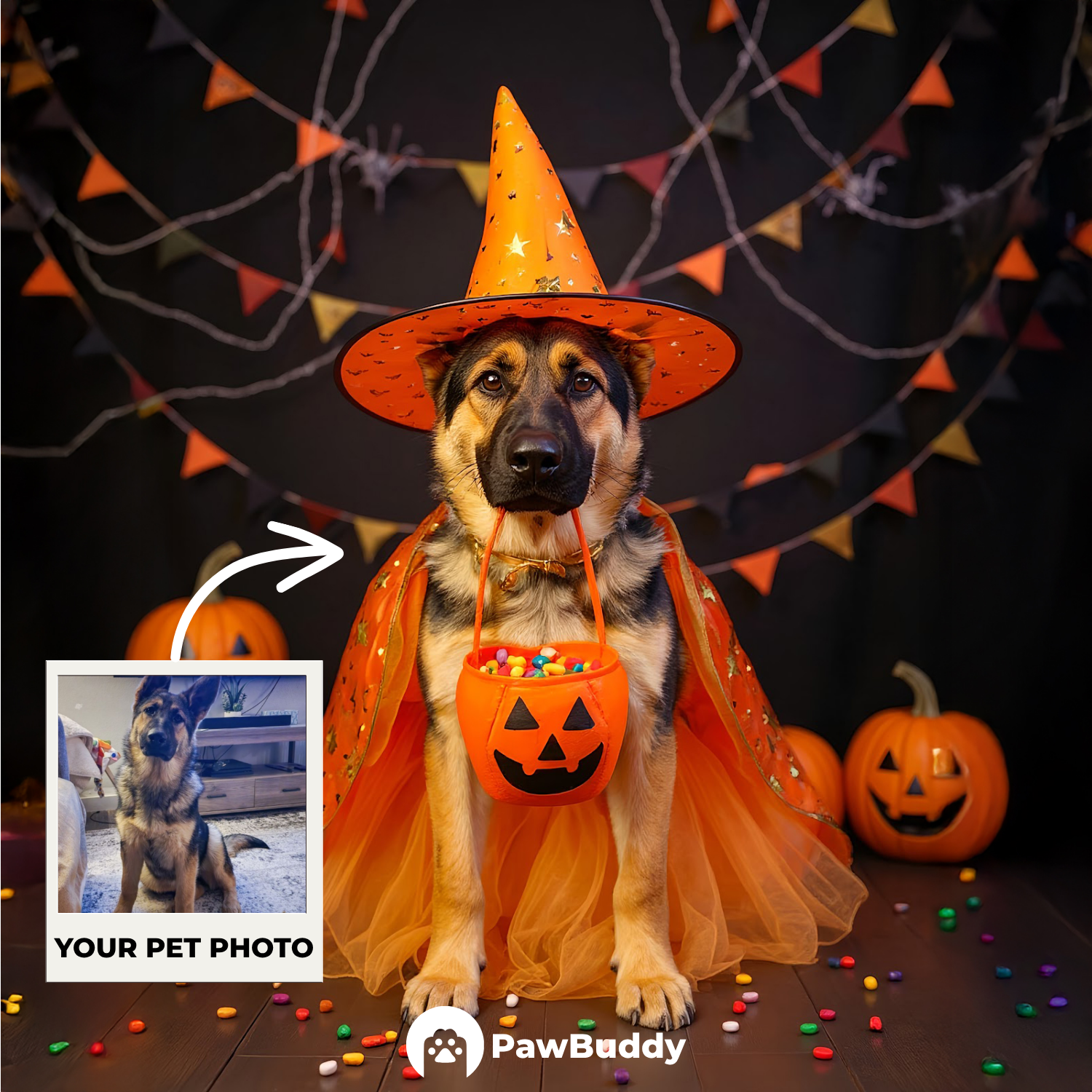 Custom Pet Portrait Trick-or-Treat Witch Halloween Style Digital Artwork - Personalized High-Resolution Artwork for Pet Lovers, Perfect for Online Sharing or as a Unique Spooky-Themed Keepsake