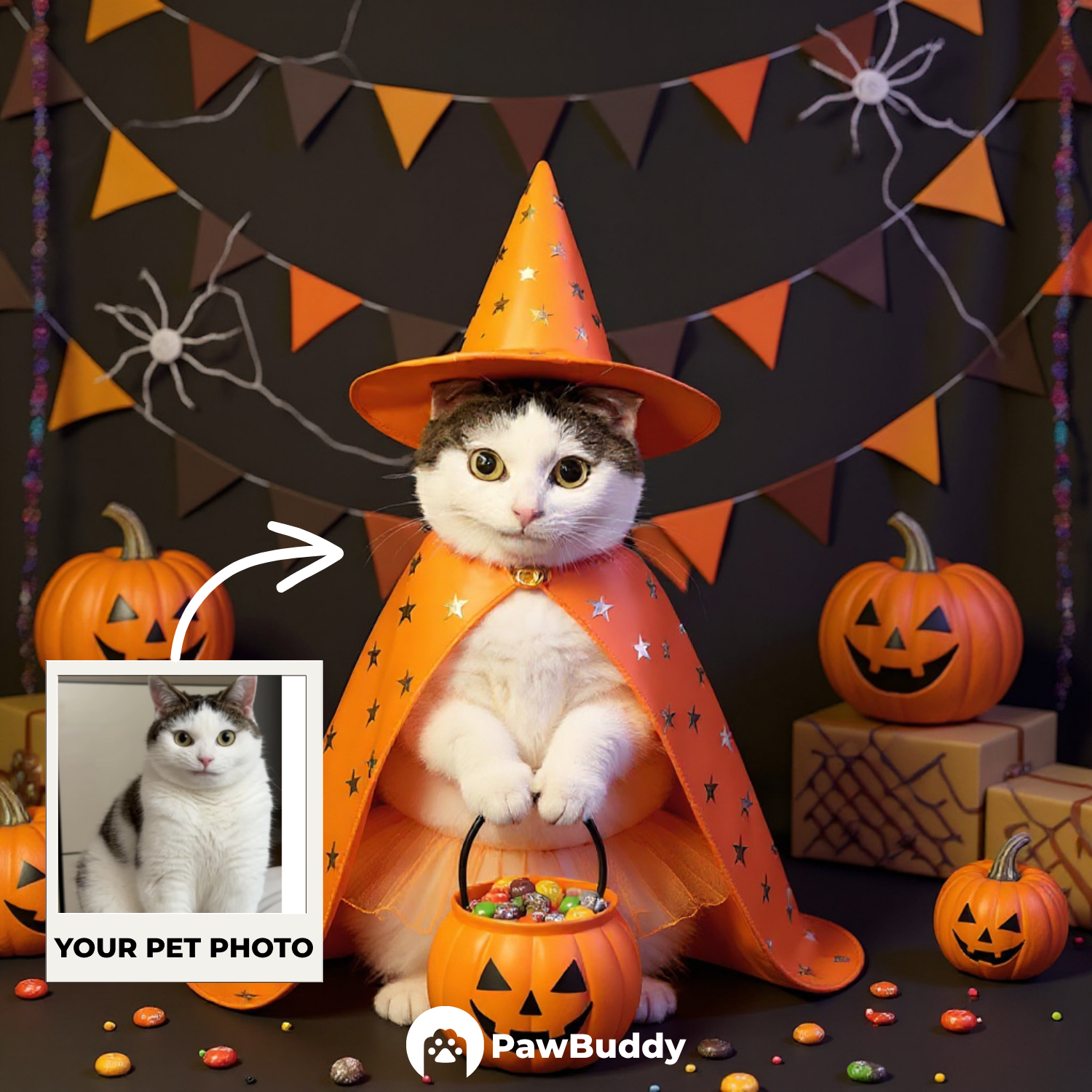 Custom Pet Portrait Trick-or-Treat Witch Halloween Style Digital Artwork - Personalized High-Resolution Artwork for Pet Lovers, Perfect for Online Sharing or as a Unique Spooky-Themed Keepsake
