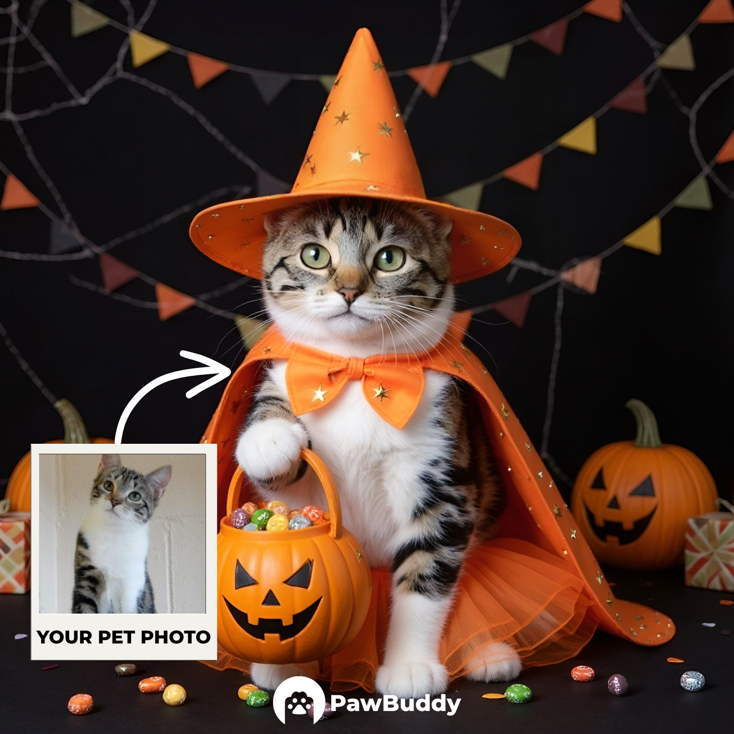 Custom Pet Portrait Trick-or-Treat Witch Halloween Style Digital Artwork - Personalized High-Resolution Artwork for Pet Lovers, Perfect for Online Sharing or as a Unique Spooky-Themed Keepsake
