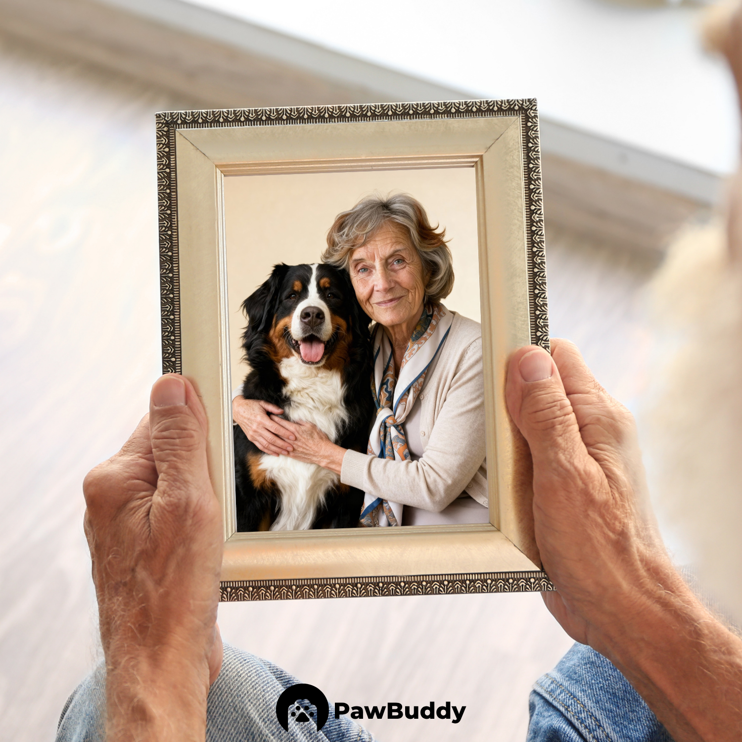 Custom Human & Pet Poster Sandstone Harmony Portrait – Personalized High-Resolution Matte Print for Wall Art, Home Decor, or Unique Gifts for Pet Lovers (Frame Not Included)
