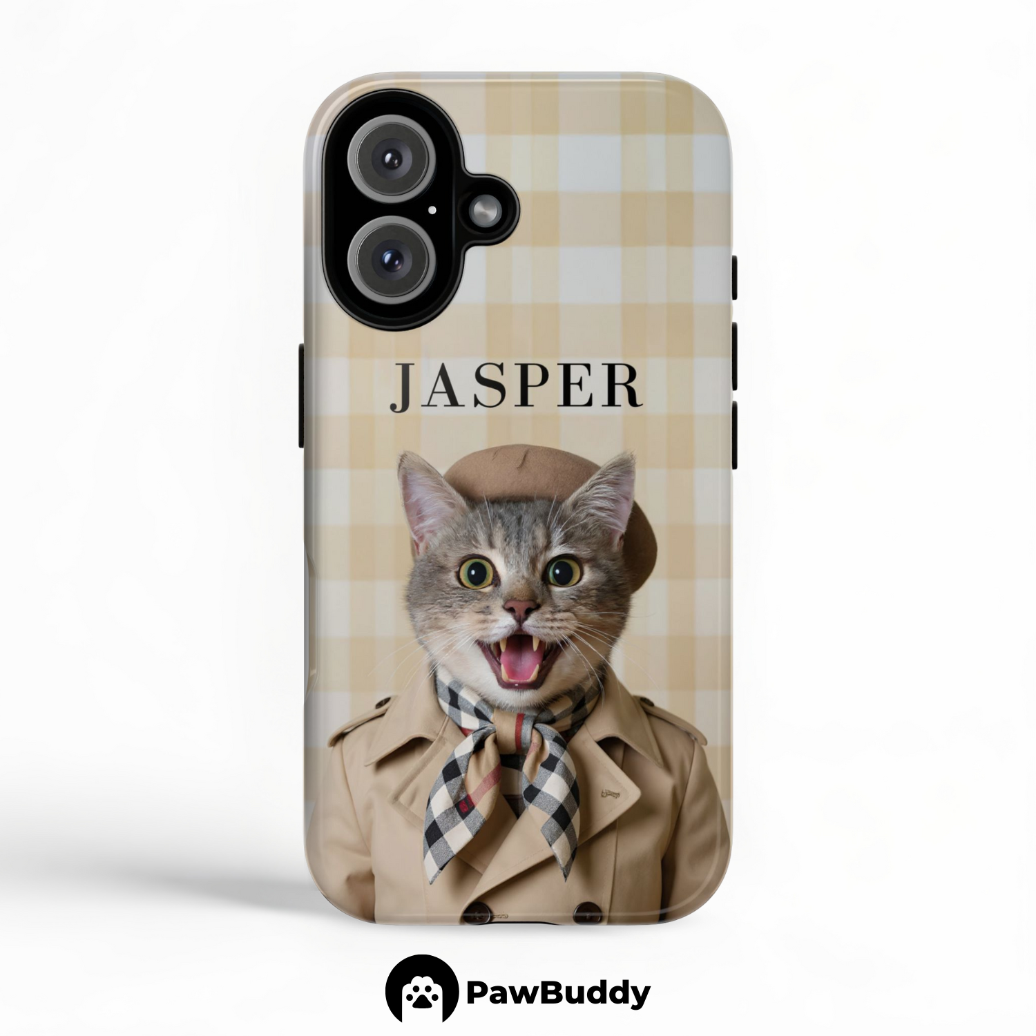 Custom Pet Phone Case for iPhone 11–17, Personalized Beige Plaid Pattern Studio Portrait Design, Dual-Layer Shockproof PC+TPU Protective Cover with Glossy Wraparound Printing, Unique Gift for Pet Lovers