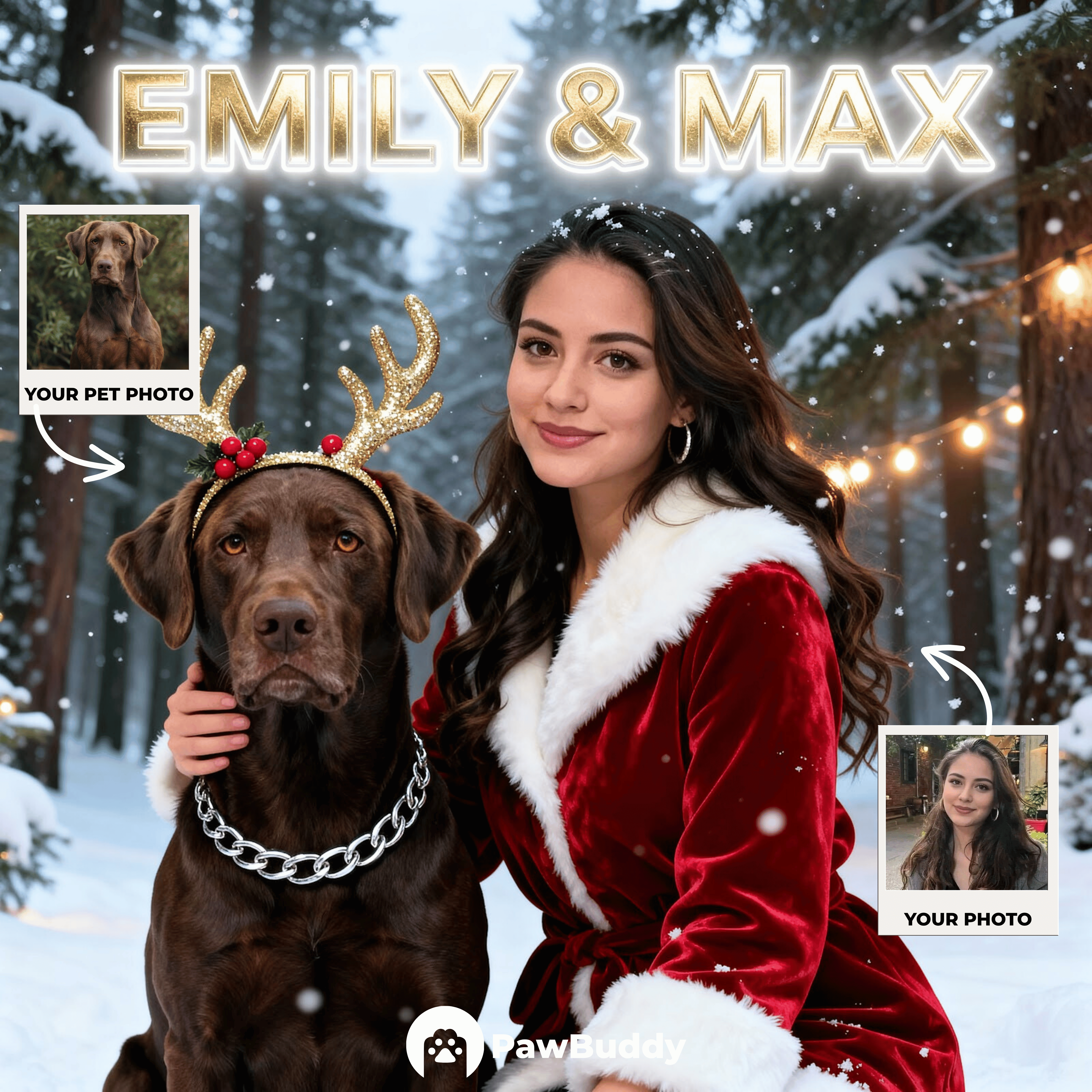 Custom Human & Pet Portrait Snowy Holiday Magic Digital Artwork - Personalized High-Resolution Artwork for Pet Lovers, Perfect for Online Sharing or as a Unique Holiday Keepsake