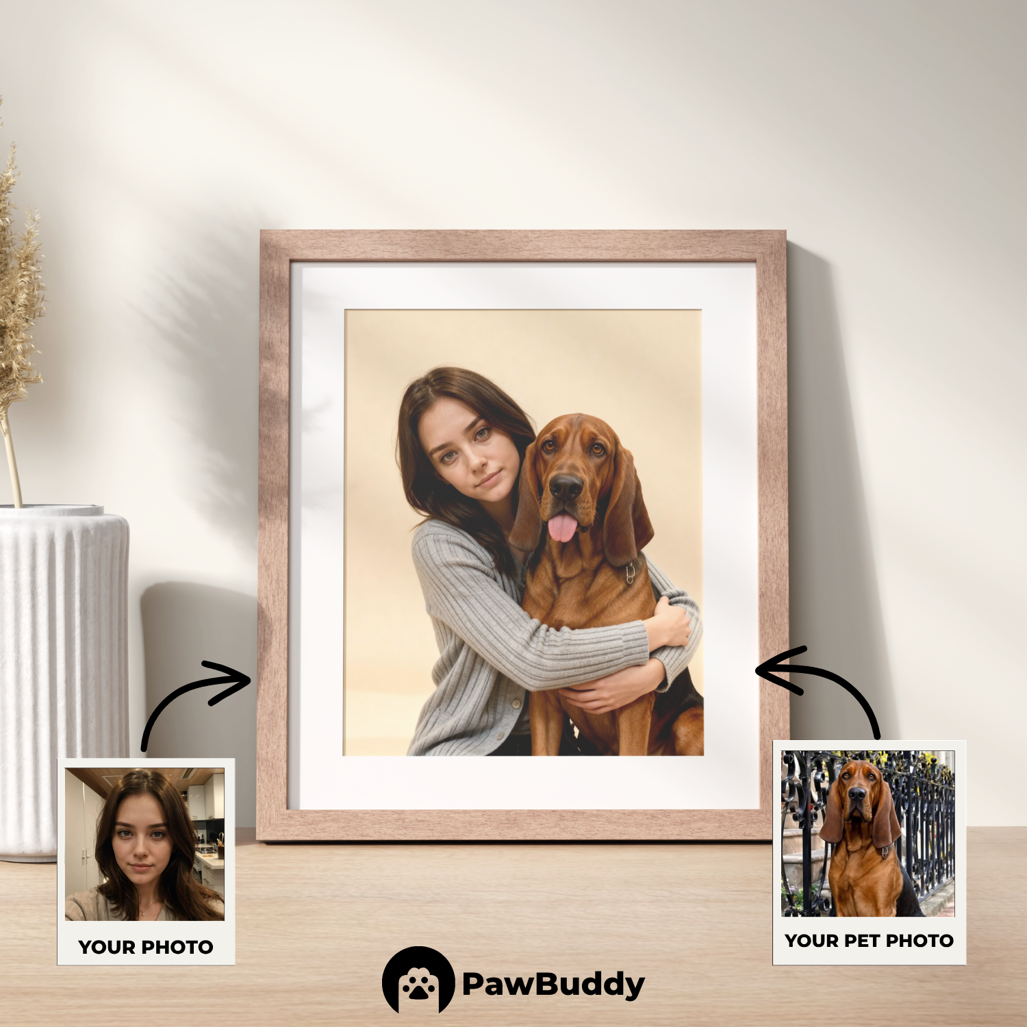 Custom Human & Pet Poster Sandstone Harmony Portrait – Personalized High-Resolution Matte Print for Wall Art, Home Decor, or Unique Gifts for Pet Lovers (Frame Not Included)