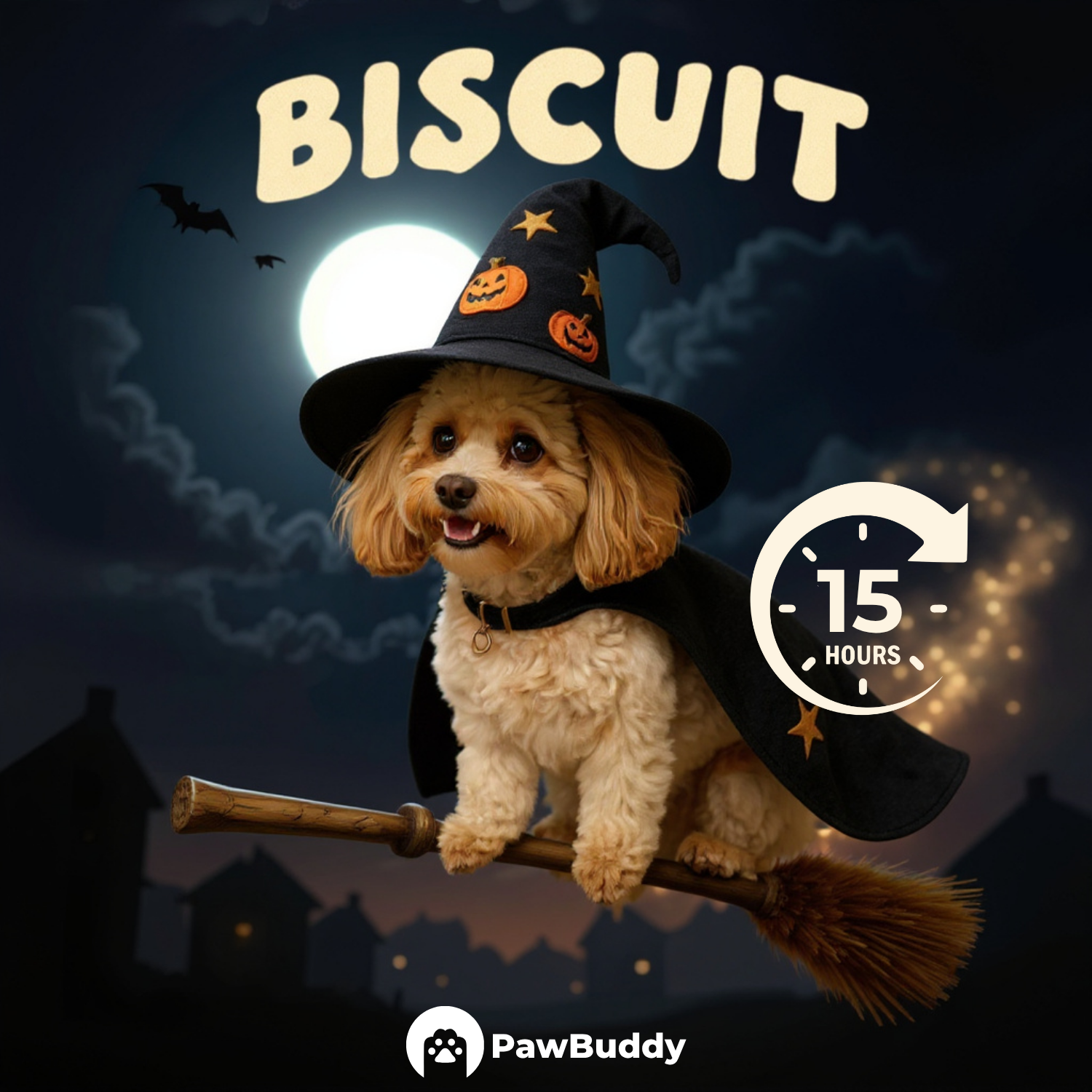 Custom Pet Portrait Moonlight Witch Flight Halloween Style Digital Artwork - Personalized High-Resolution Artwork for Pet Lovers, Perfect for Online Sharing or as a Unique Spooky-Themed Keepsake