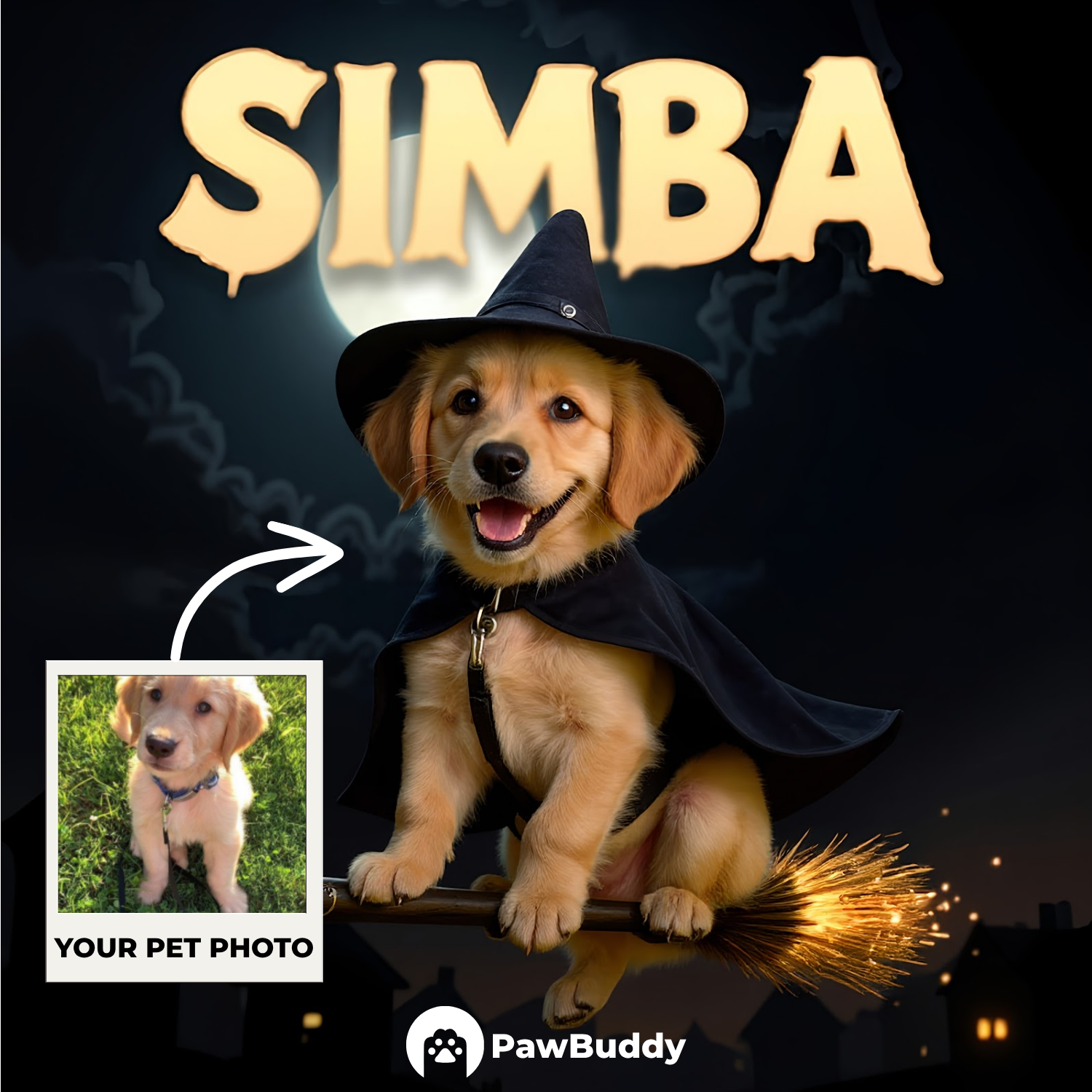 Custom Pet Portrait Moonlight Witch Flight Halloween Style Digital Artwork - Personalized High-Resolution Artwork for Pet Lovers, Perfect for Online Sharing or as a Unique Spooky-Themed Keepsake
