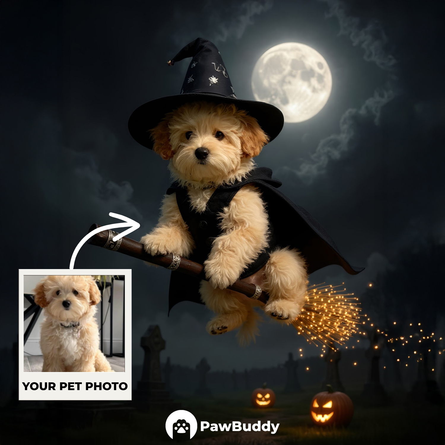 Custom Pet Portrait Moonlight Witch Flight Halloween Style Digital Artwork - Personalized High-Resolution Artwork for Pet Lovers, Perfect for Online Sharing or as a Unique Spooky-Themed Keepsake
