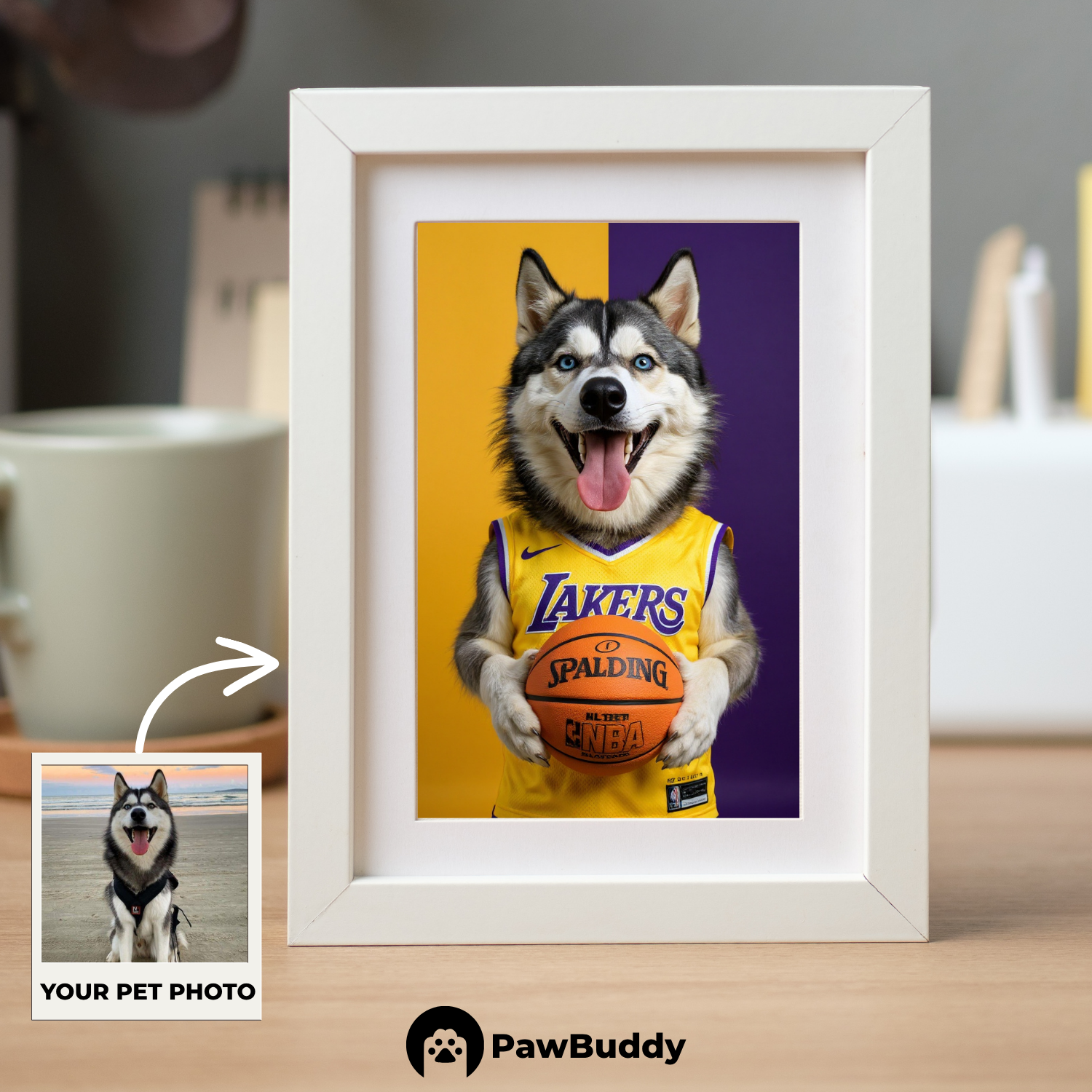 Custom Pet Poster Purple & Gold Basketball Portrait – Personalized High-Resolution Matte Print for Wall Art, Home Decor, or Unique Gifts for Pet Lovers (Frame Not Included)