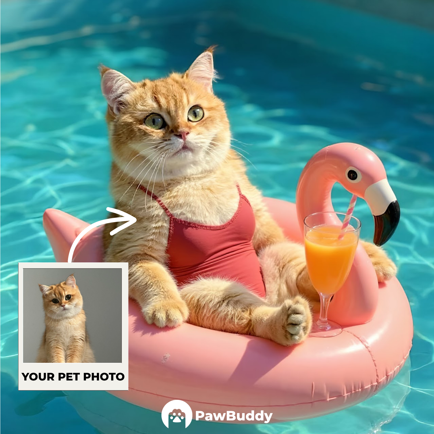 Custom Pet Portrait Pink Flamingo Float Summer Style Digital Artwork - Personalized High-Resolution Artwork for Pet Lovers, Perfect for Online Sharing or as a Unique Summer-Themed Keepsake