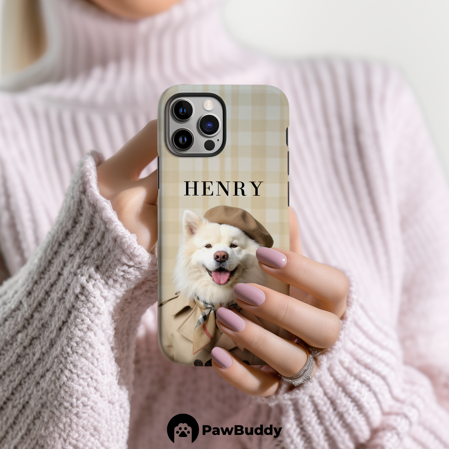 Custom Pet Phone Case for iPhone 11–17, Personalized Beige Plaid Pattern Studio Portrait Design, Dual-Layer Shockproof PC+TPU Protective Cover with Glossy Wraparound Printing, Unique Gift for Pet Lovers
