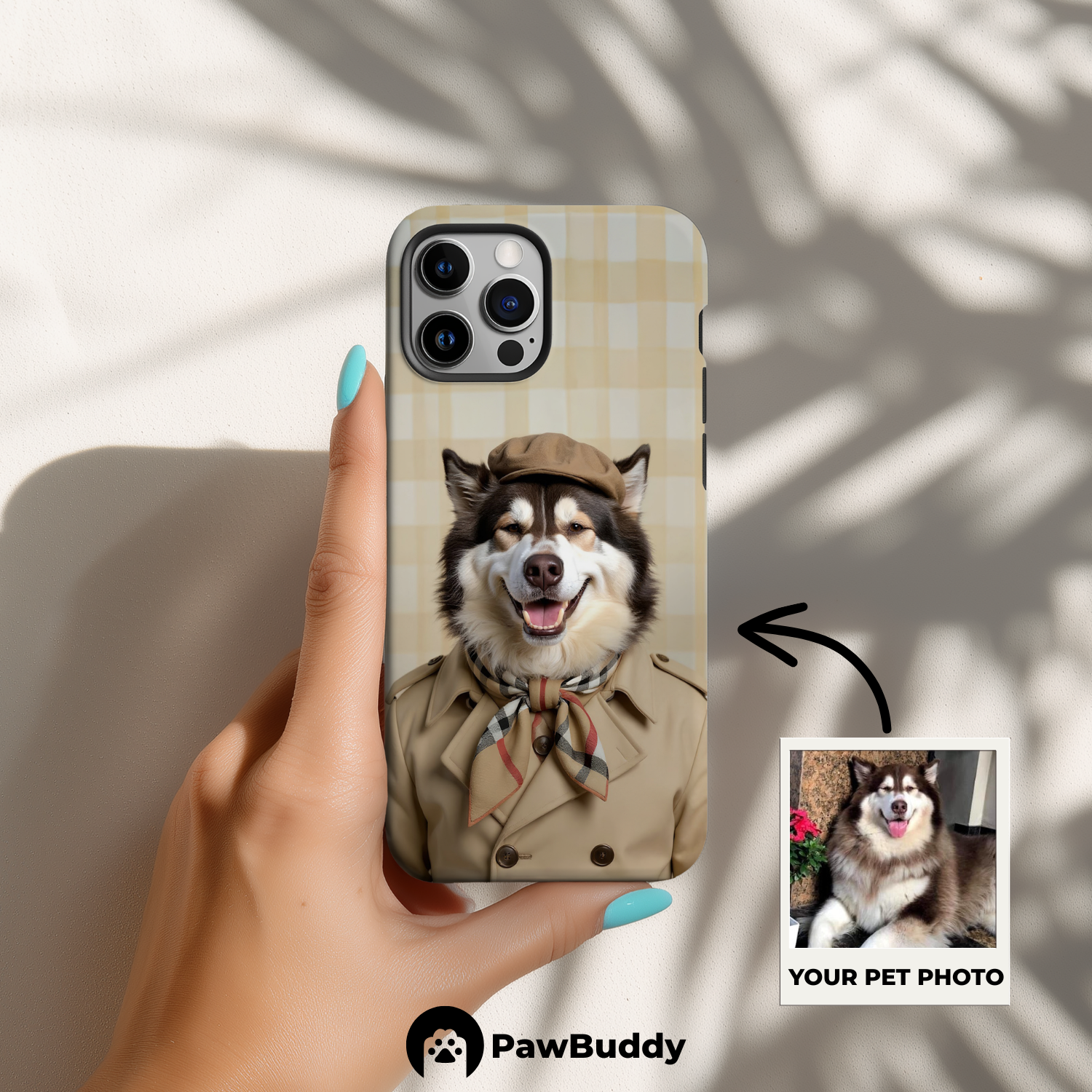 Custom Pet Phone Case for iPhone 11–17, Personalized Beige Plaid Pattern Studio Portrait Design, Dual-Layer Shockproof PC+TPU Protective Cover with Glossy Wraparound Printing, Unique Gift for Pet Lovers