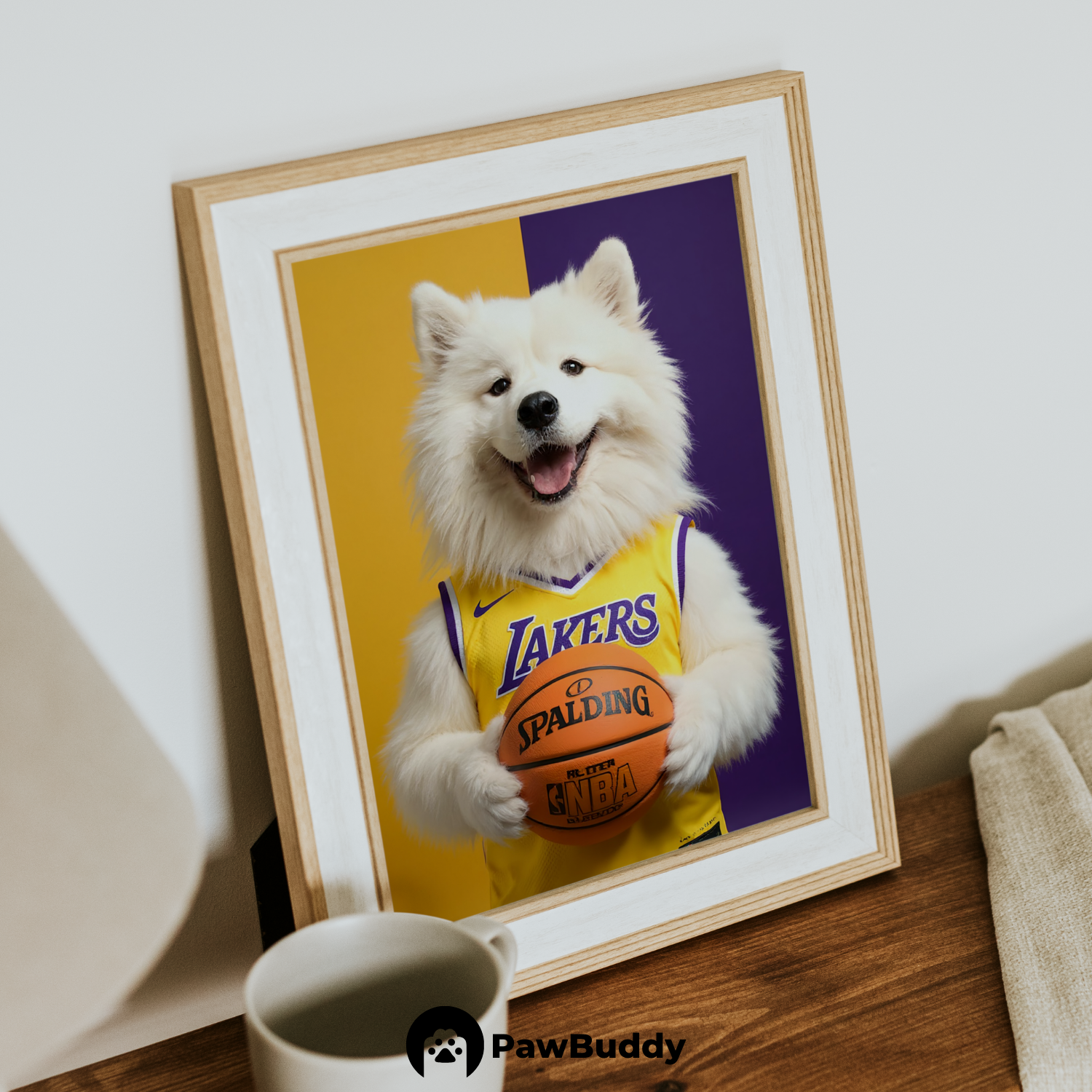 Custom Pet Poster Purple & Gold Basketball Portrait – Personalized High-Resolution Matte Print for Wall Art, Home Decor, or Unique Gifts for Pet Lovers (Frame Not Included)