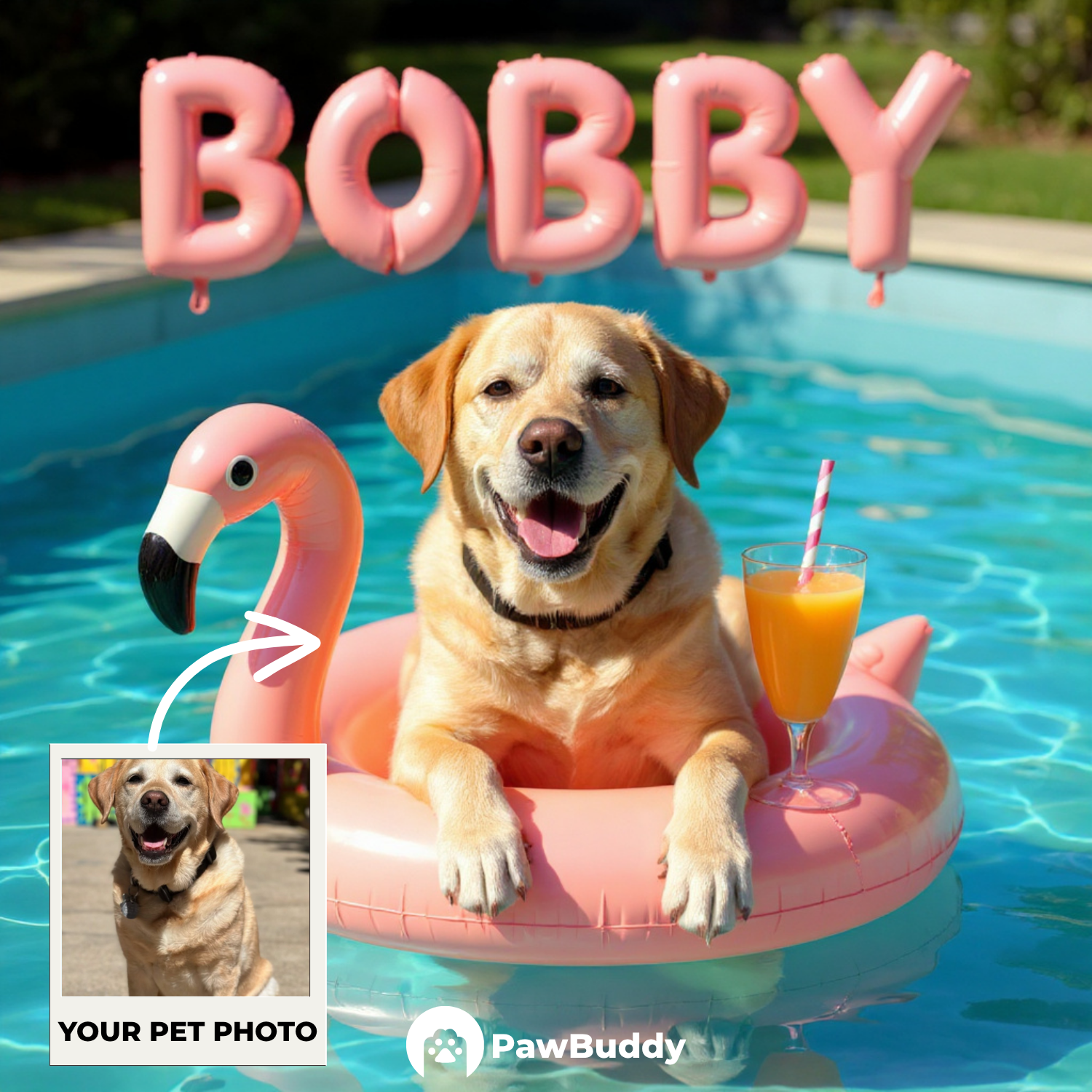 Custom Pet Portrait Pink Flamingo Float Summer Style Digital Artwork - Personalized High-Resolution Artwork for Pet Lovers, Perfect for Online Sharing or as a Unique Summer-Themed Keepsake