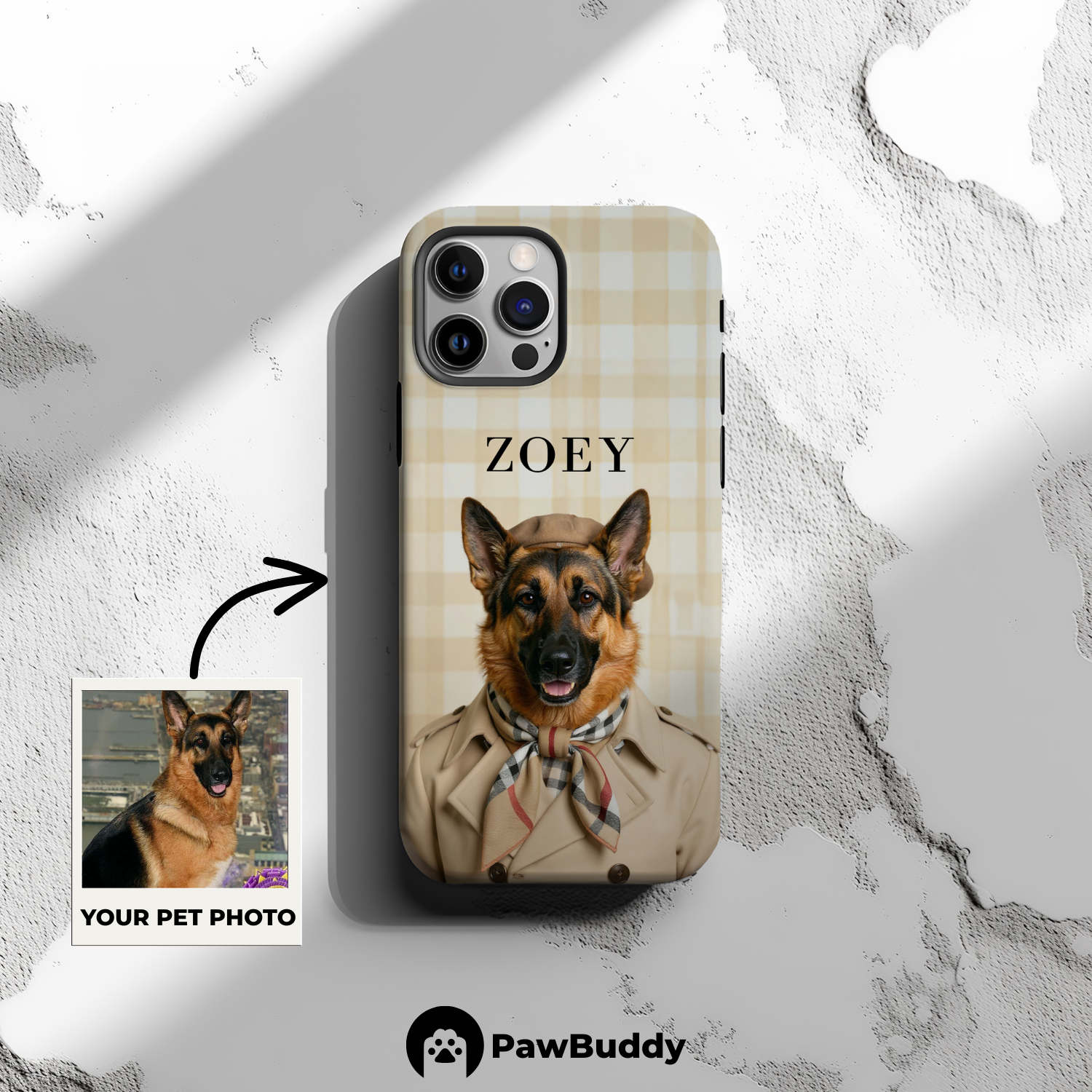 Custom Pet Phone Case for iPhone 11–17, Personalized Beige Plaid Pattern Studio Portrait Design, Dual-Layer Shockproof PC+TPU Protective Cover with Glossy Wraparound Printing, Unique Gift for Pet Lovers
