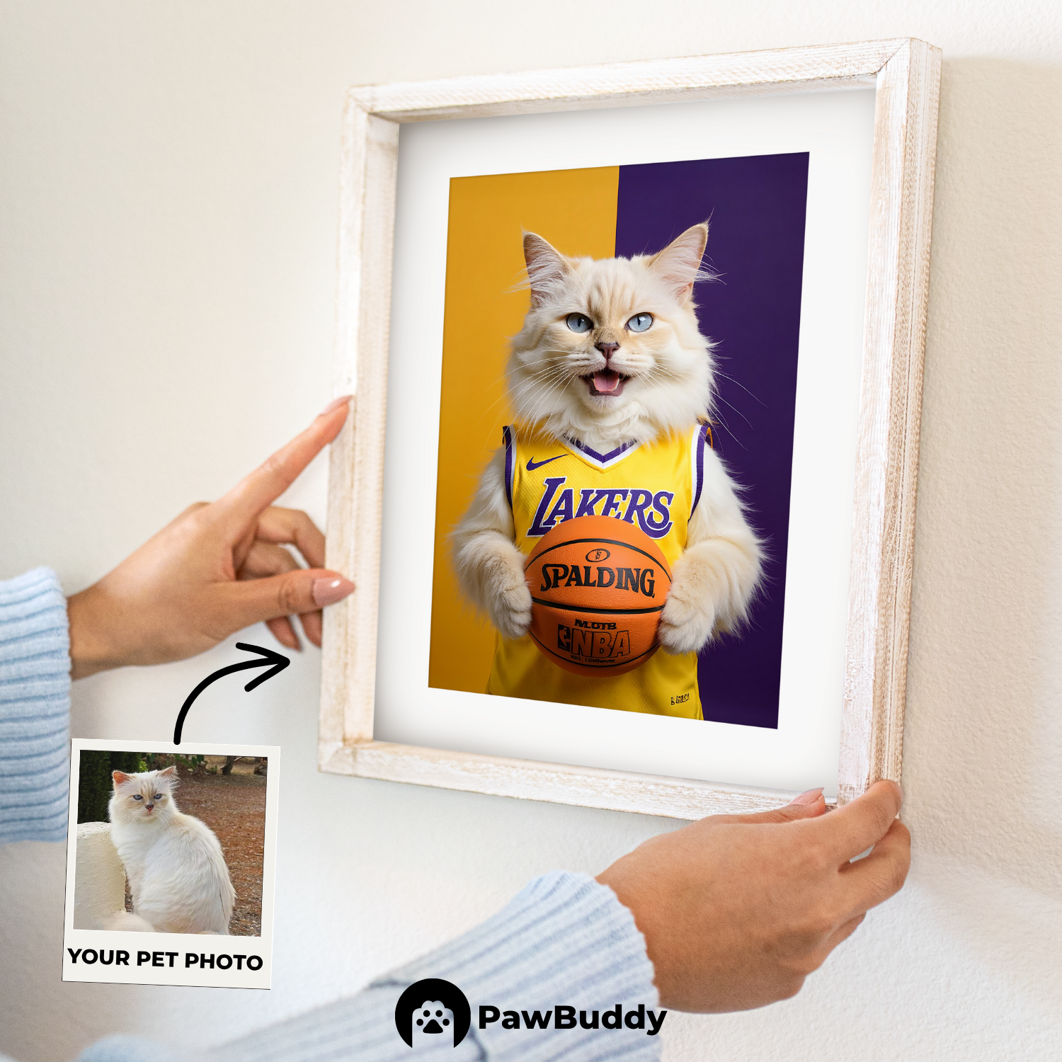 Custom Pet Poster Purple & Gold Basketball Portrait – Personalized High-Resolution Matte Print for Wall Art, Home Decor, or Unique Gifts for Pet Lovers (Frame Not Included)