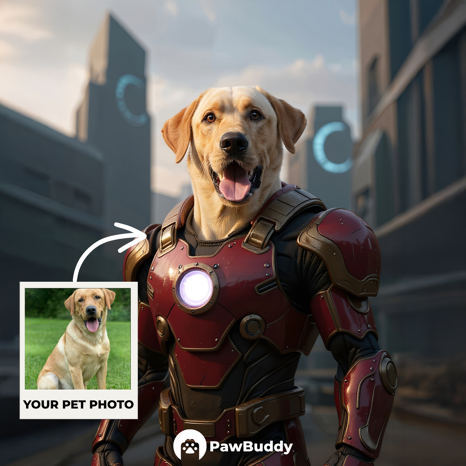 Custom Pet Portrait Iron Guardian Cosplay Style Digital Artwork - Personalized High-Resolution Artwork for Pet Lovers, Perfect for Online Sharing or as a Unique Superhero-Themed Keepsake