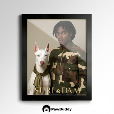 Custom Human & Pet Poster Urban Camo Chic Portrait – Personalized High-Resolution Matte Print for Wall Art, Home Decor, or Unique Luxury-Inspired Gifts for Pet Lovers (Frame Not Included)