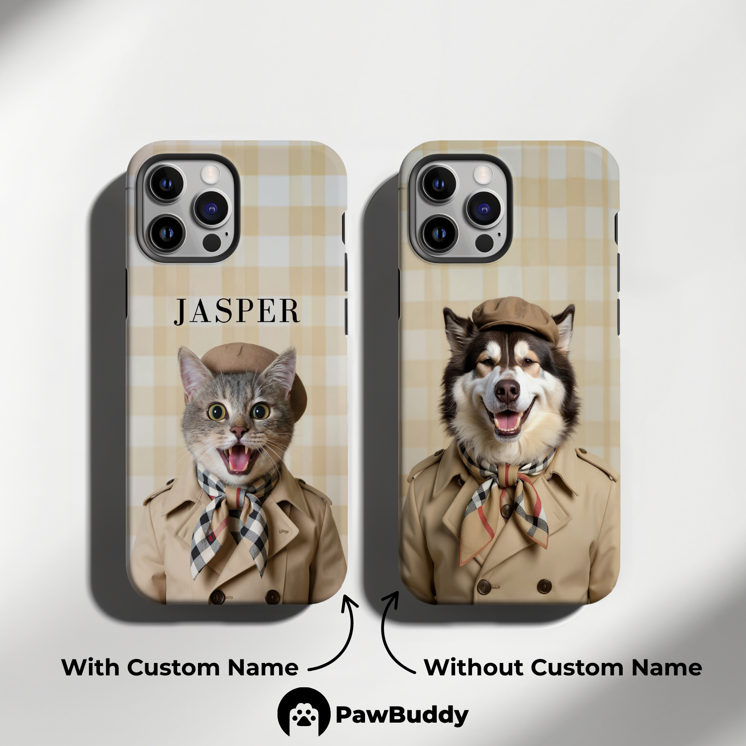 Custom Pet Phone Case for iPhone 11–17, Personalized Beige Plaid Pattern Studio Portrait Design, Dual-Layer Shockproof PC+TPU Protective Cover with Glossy Wraparound Printing, Unique Gift for Pet Lovers
