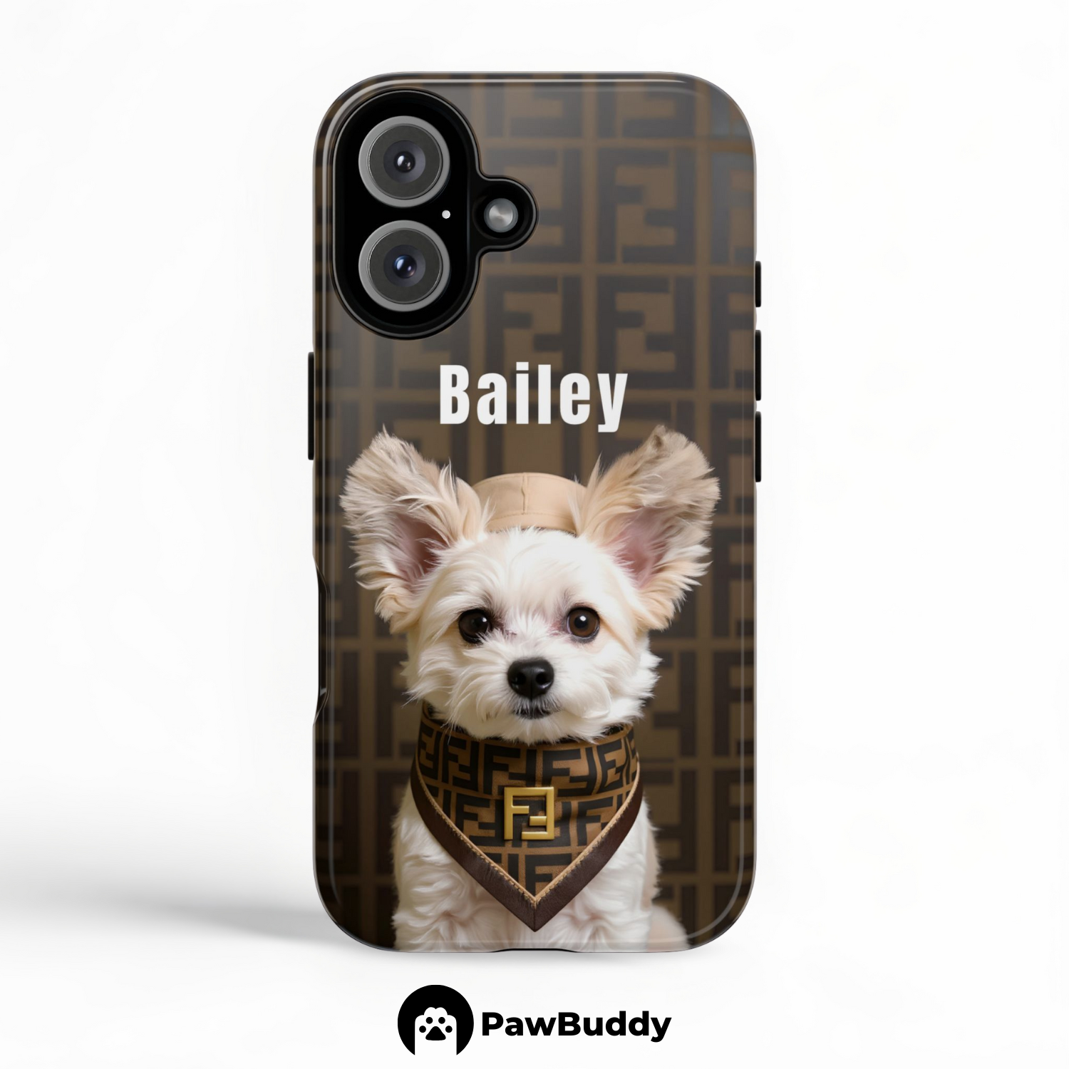 Custom Pet Phone Case for iPhone 11–17, Personalized Luxury Monogram Scarf Studio Portrait Design, Dual-Layer Shockproof PC+TPU Protective Cover with Glossy Wraparound Printing, Unique Gift for Pet Lovers