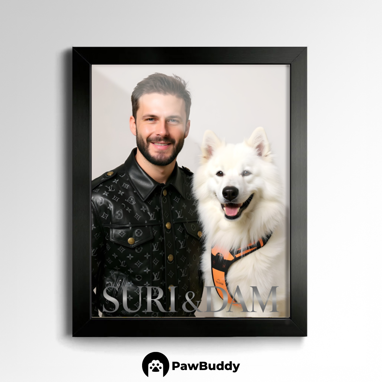 Custom Human & Pet Poster Monogram Noir Duo Portrait – Personalized High Resolution Matte Print for Wall Art, Home Decor, or Unique Luxury-Inspired Gifts for Pet Lovers (Frame Not Included)