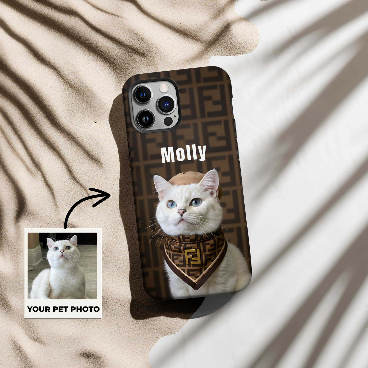 Custom Pet Phone Case for iPhone 11–17, Personalized Luxury Monogram Scarf Studio Portrait Design, Dual-Layer Shockproof PC+TPU Protective Cover with Glossy Wraparound Printing, Unique Gift for Pet Lovers