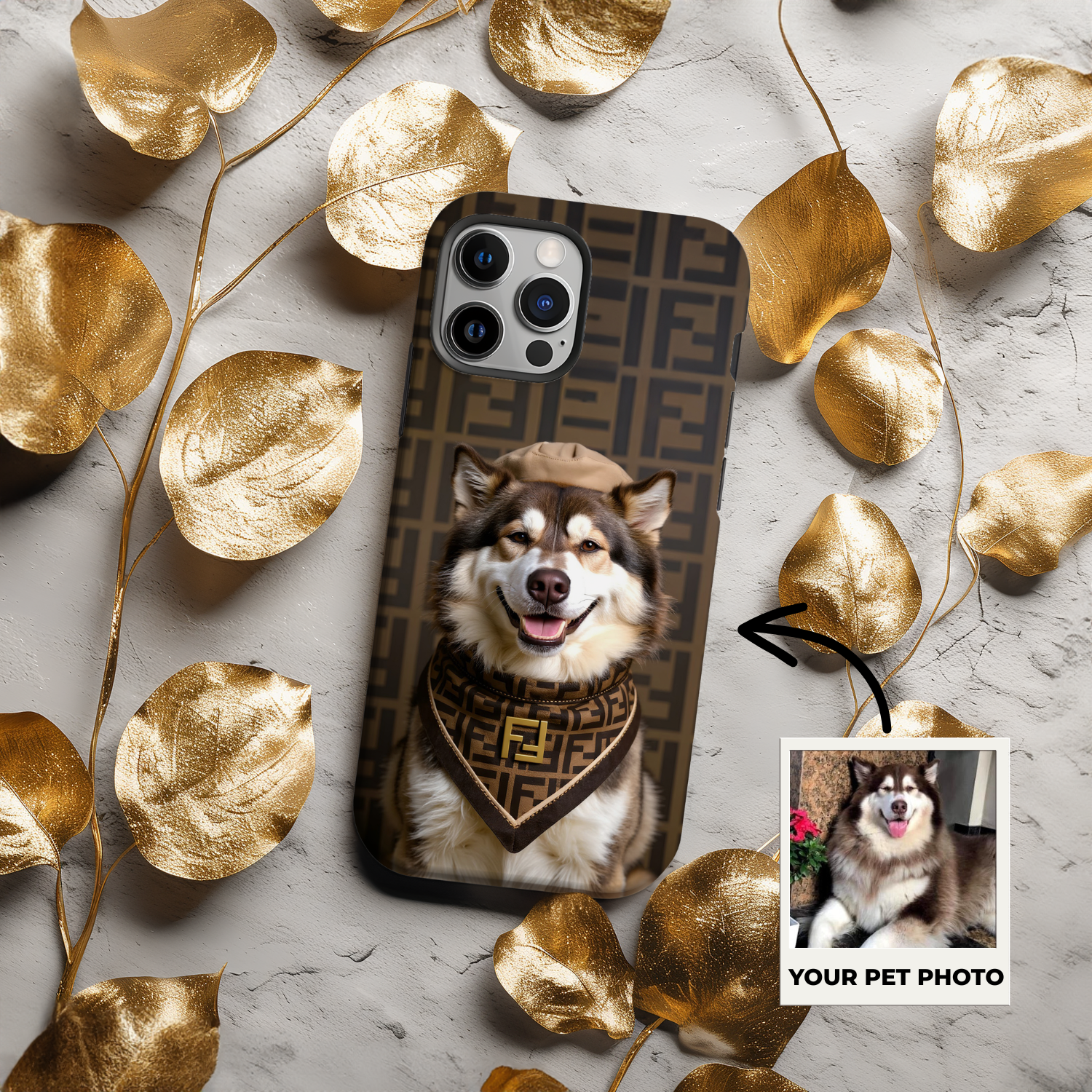 Custom Pet Phone Case for iPhone 11–17, Personalized Luxury Monogram Scarf Studio Portrait Design, Dual-Layer Shockproof PC+TPU Protective Cover with Glossy Wraparound Printing, Unique Gift for Pet Lovers