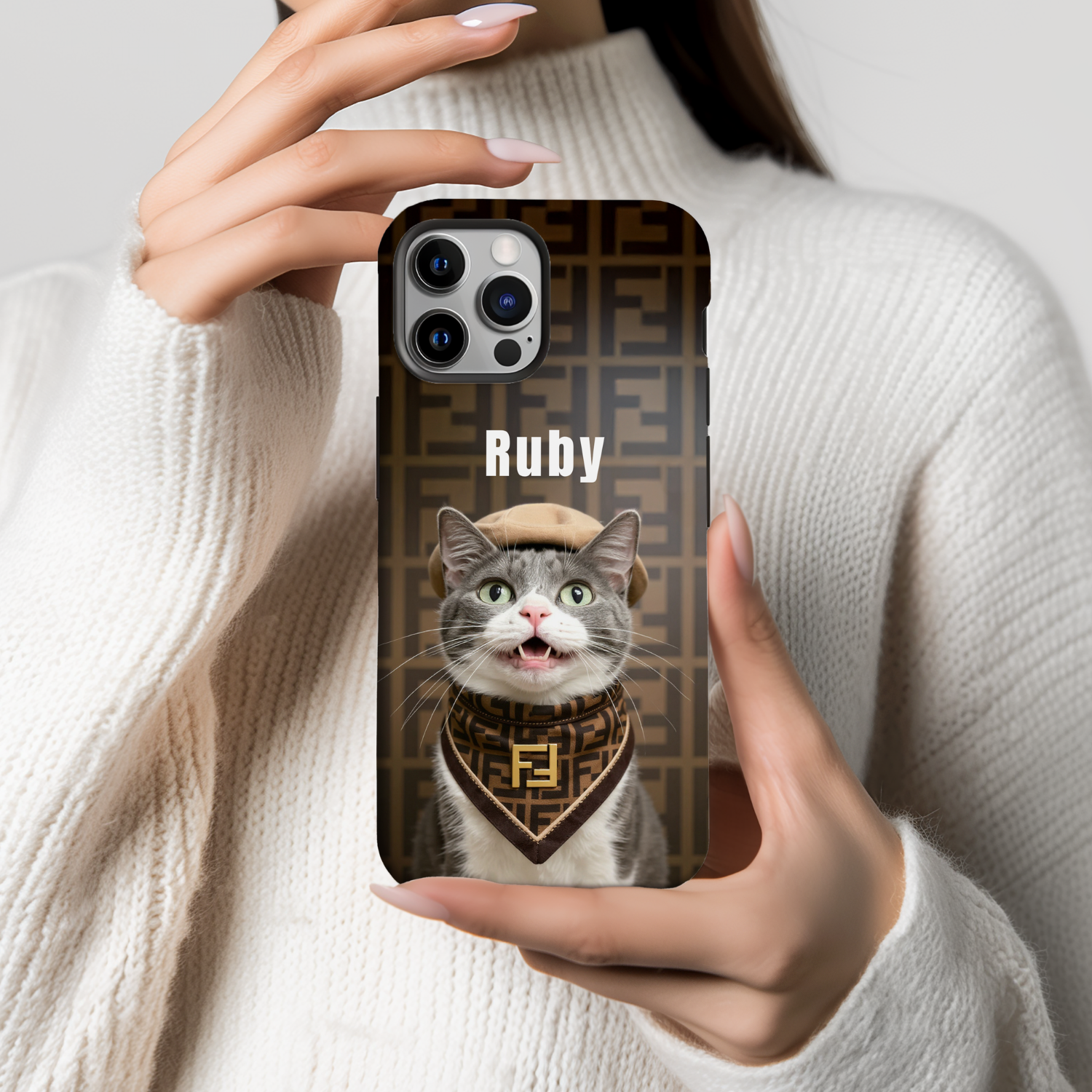 Custom Pet Phone Case for iPhone 11–17, Personalized Luxury Monogram Scarf Studio Portrait Design, Dual-Layer Shockproof PC+TPU Protective Cover with Glossy Wraparound Printing, Unique Gift for Pet Lovers
