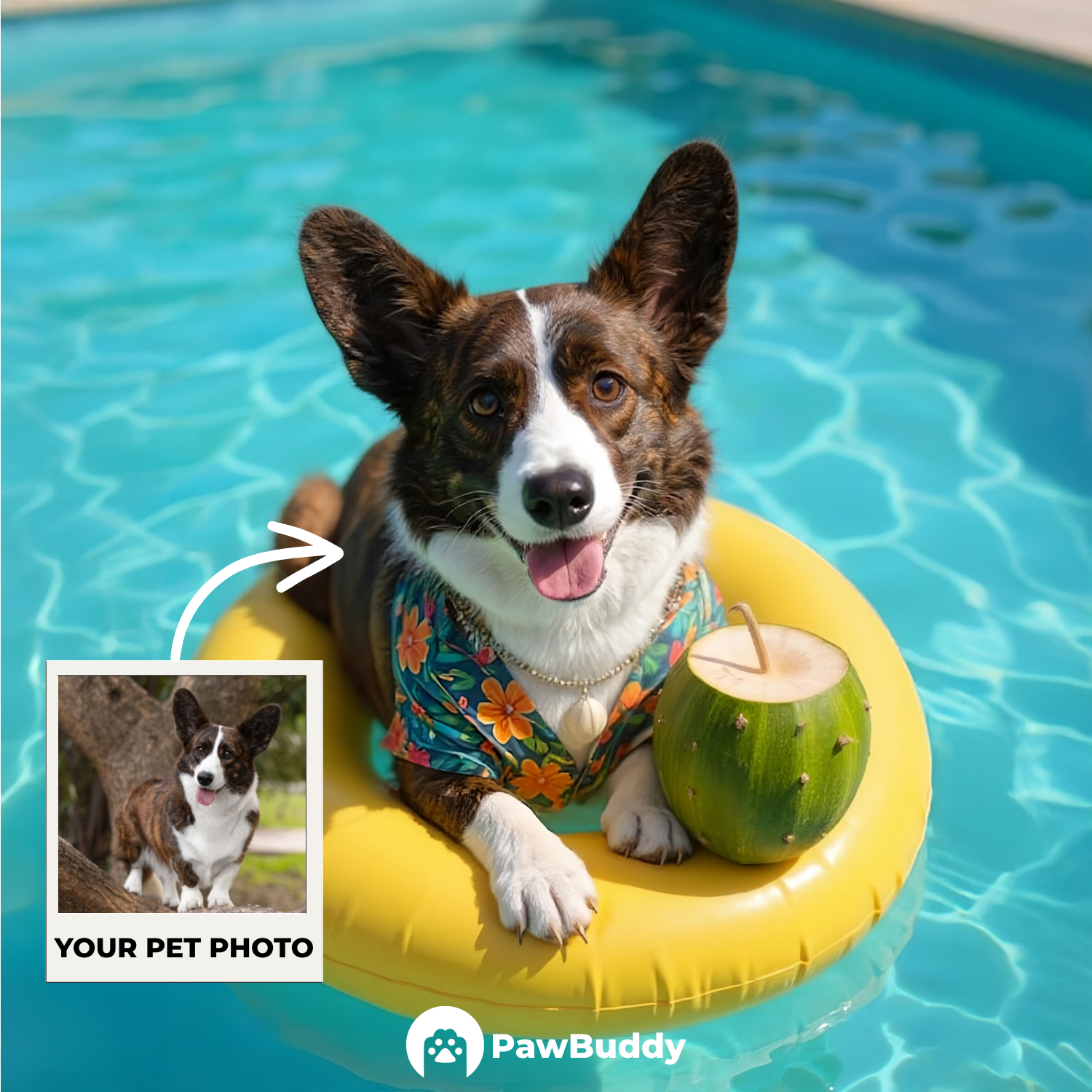 Custom Pet Portrait Sunshine Yellow Coconut Paradise Pool Style Digital Artwork - Personalized High-Resolution Artwork for Pet Lovers, Perfect for Online Sharing or as a Unique Summer-Themed Keepsake