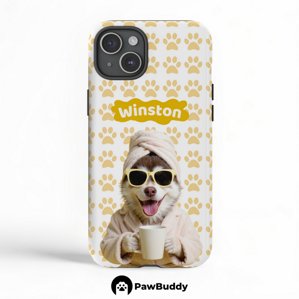 Custom Pet Phone Case for iPhone 11–17, Personalized Cozy Spa Day Yellow Paw Pattern Ivory Robe Design, Dual-Layer Shockproof PC+TPU Protective Cover with Glossy Wraparound Printing, Unique Gift for Pet Lovers