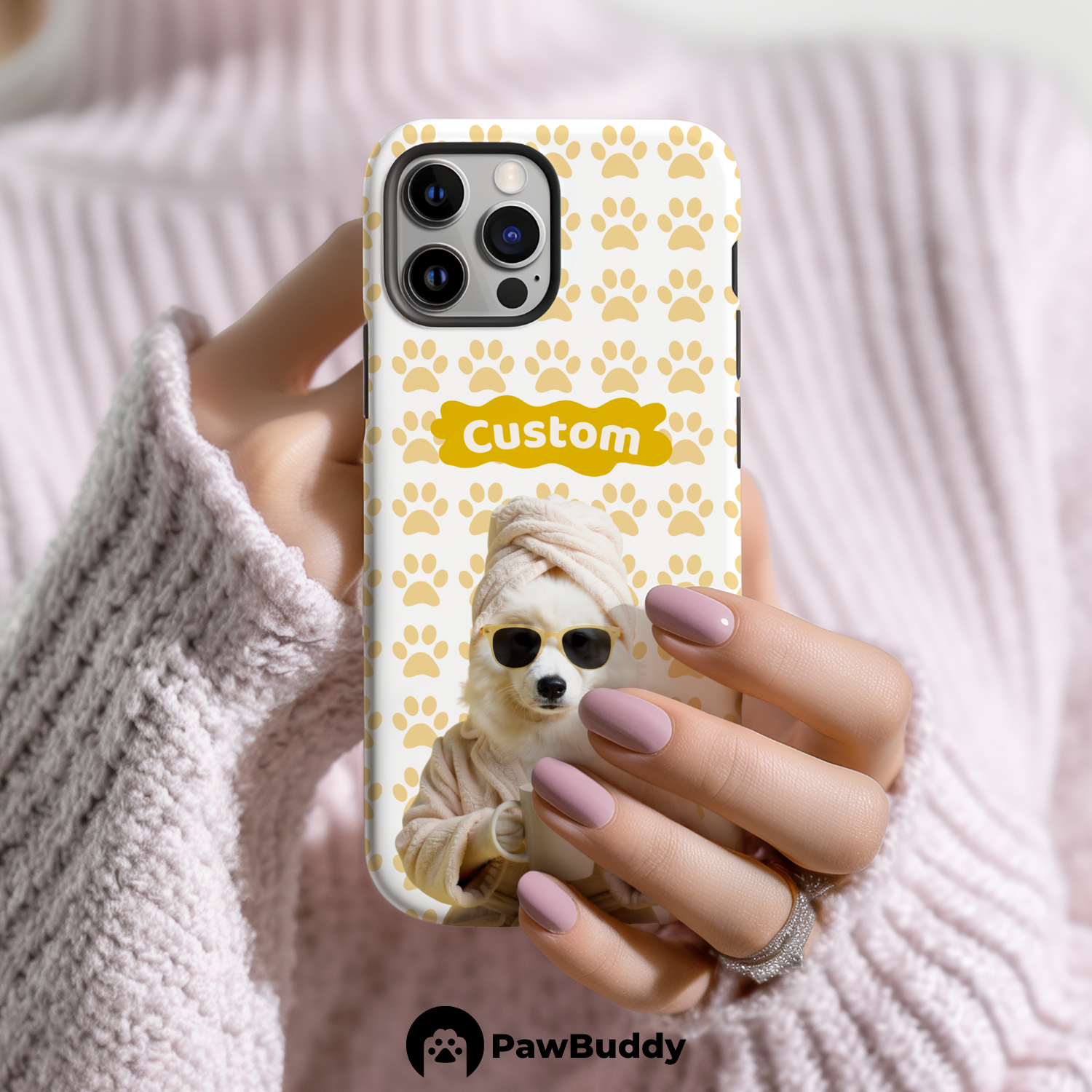Custom Pet Phone Case for iPhone 11–17, Personalized Cozy Spa Day Yellow Paw Pattern Ivory Robe Design, Dual-Layer Shockproof PC+TPU Protective Cover with Glossy Wraparound Printing, Unique Gift for Pet Lovers