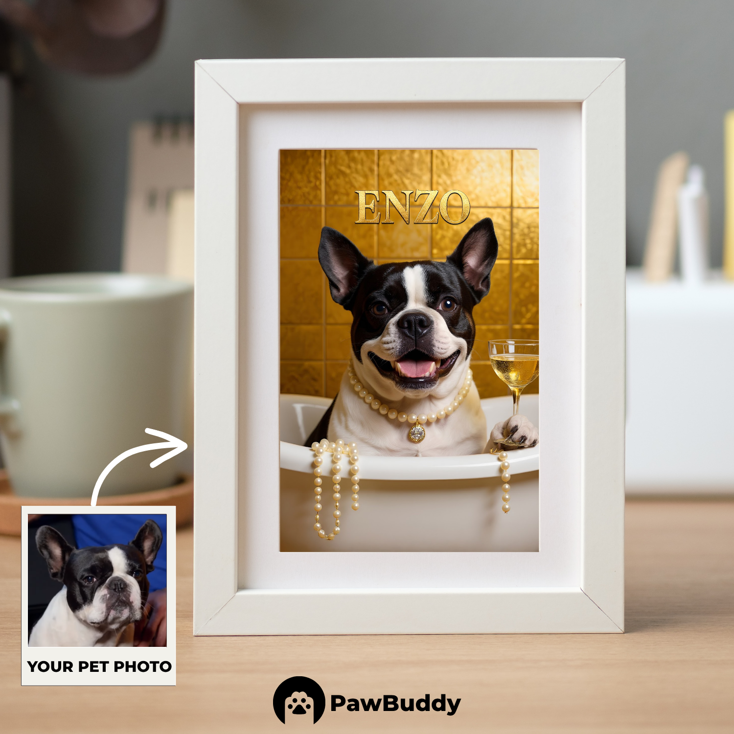 Custom Pet Poster Luxury Bathtub Portrait with Gold Accents and Pearl Details – Personalized High-Resolution Matte Print for Wall Art, Home Decor, or Unique Gifts for Pet Lovers (Frame Not Included)